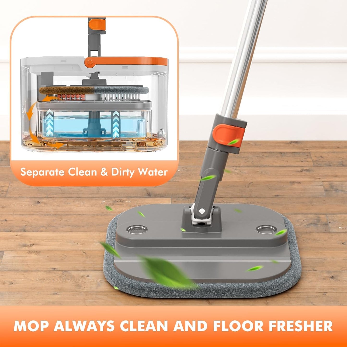 Upgraded Spin Mop and Bucket Set Self-Standing Mop Bucket Separate Dirty and Clean Water System Self Wringing 360° Rotating 90° Foldabl Mops and Buckets for Floor Cleaning (Dark Gray, 2Pads)