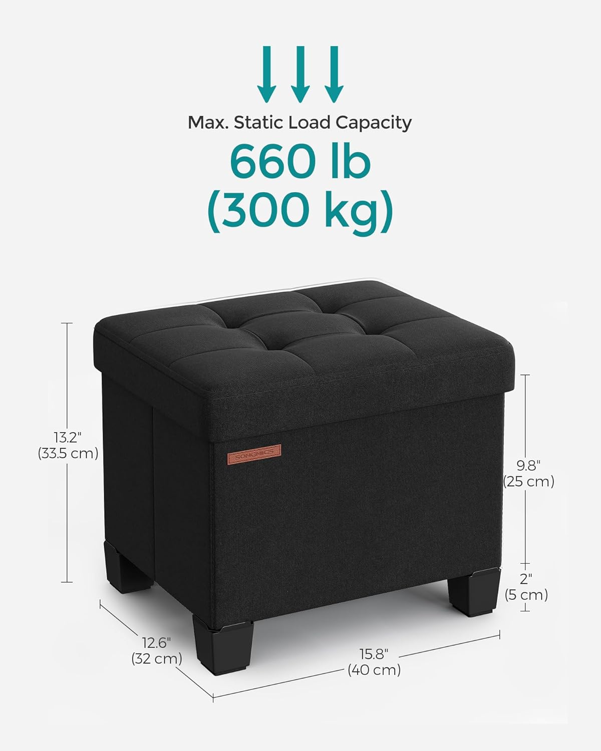 SONGMICS Storage Ottoman, Small Ottoman Foot Rest with Legs, 12.6 x 15.8 x 13.2 Inches Foot Stool, Load up to 660 lb, for Living Room, Bedroom, Dorm, Ink Black ULSF012B01