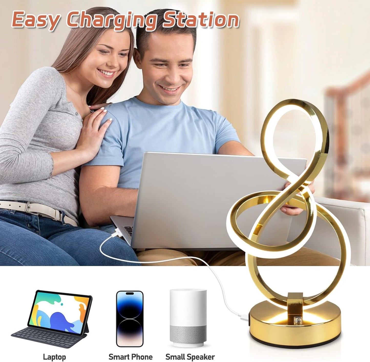 Modern Table Lamp, LED Bedside lamp with USB C+A ports, Touch Stepless Dimmable Nightstand lamp, Unique Spiral Table lamp for Bedroom Living Room Home Office, Spiral lamp for Ideal Gift, Gold