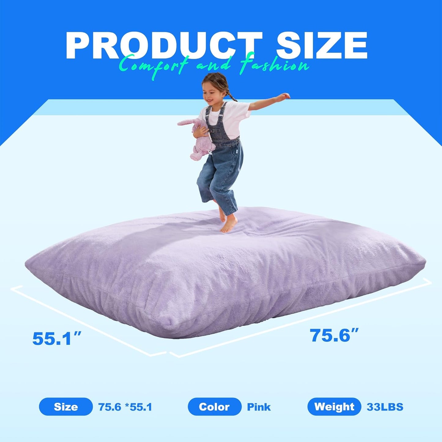 Hobestluk 3 in 1 Bean Bag Chair Giant Bean Bag Chairs for Adults with Plush Faux Fur Cover Convertible Bean Bag Floor Cushion with Machine Washable Cover for Living Room (Plush Purple)