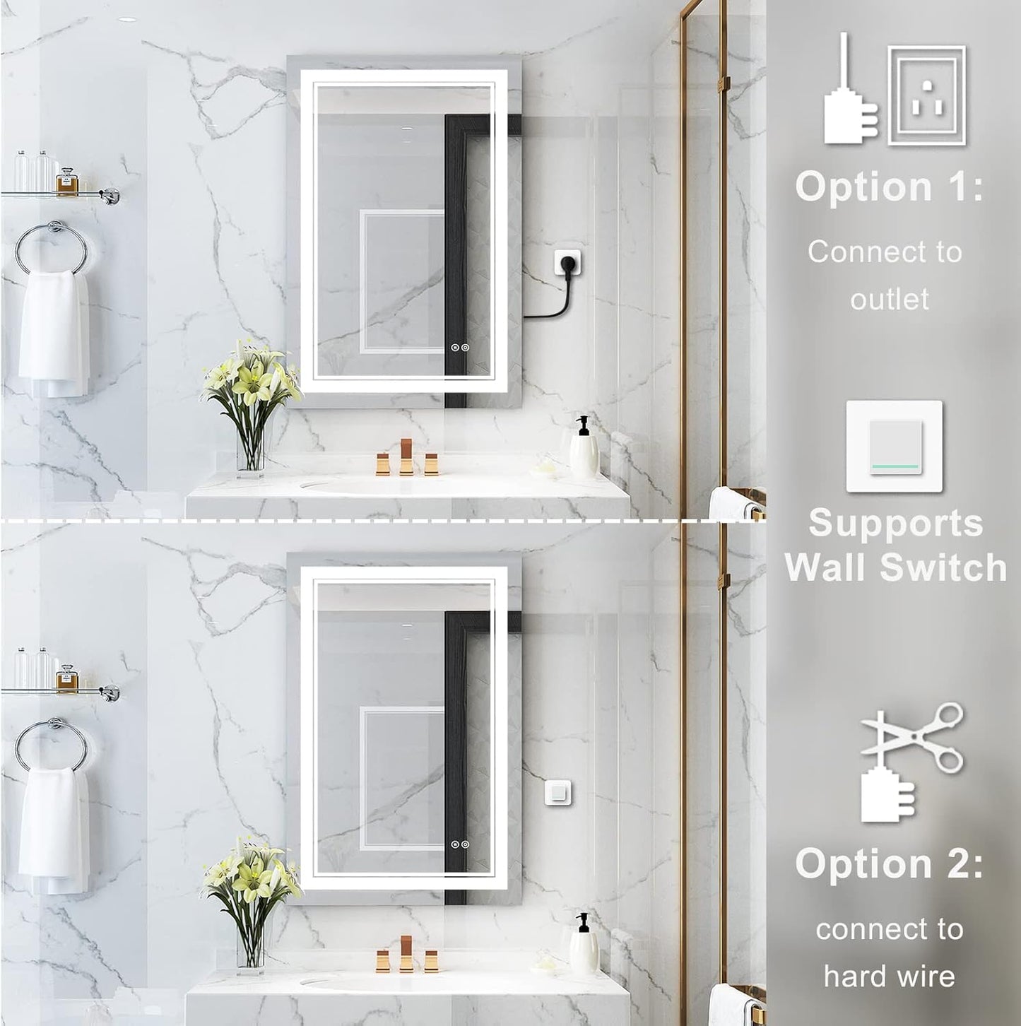 WELLFOR LED Bathroom Vanity Mirror 24 x 36 Inch, Lighted Anti-Fog Dimmable Mirror, IP44 Waterproof Wall Mounted Makeup Mirror, Packed with US Standard Plug and Touch Switch, (Horizontal/Vertical)