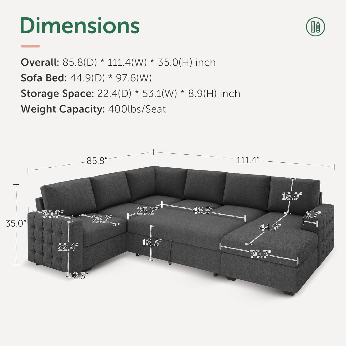 HONBAY Sectional Couch with Pull Out Bed, U-Shaped Sectional Sleeper Sofa with Storage, 6 Seater Sectional Sofa Bed, Mid-Grey