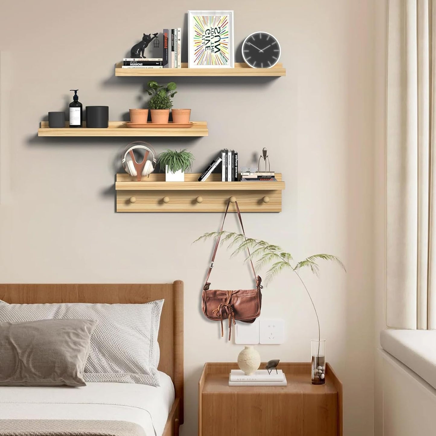 MBYD Natural Wood Floating Shelves, Unfinished Wood Picture Ledge, 24 Inch Picture Ledge for Kids Room, Floating Nursery Book Shelf with Hooks for Living Room, Kitchen, Bathroom