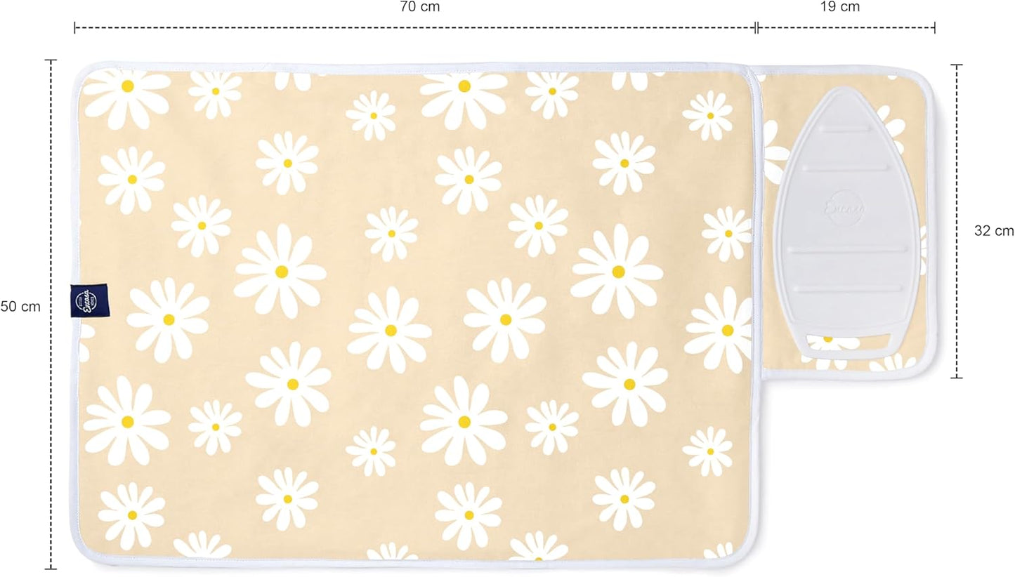 Encasa Homes Ironing Mat/Pad (Small 28"x20") with 3mm Padding & Silicone Iron Rest for Steam Pressing on Tabletop or Bed - Heat Resistant, Portable, Quilting & Travel Blanket - Daisy Beige