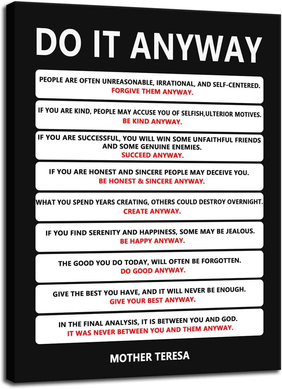 Do It Anyway Motivational Wall Art Inspirational Poster Mother Teresa Quote Canvas Prints Artwork for Office Living Room Modern Home Decor Painting Pictures Stretched and Framed [18''Wx 24''H]