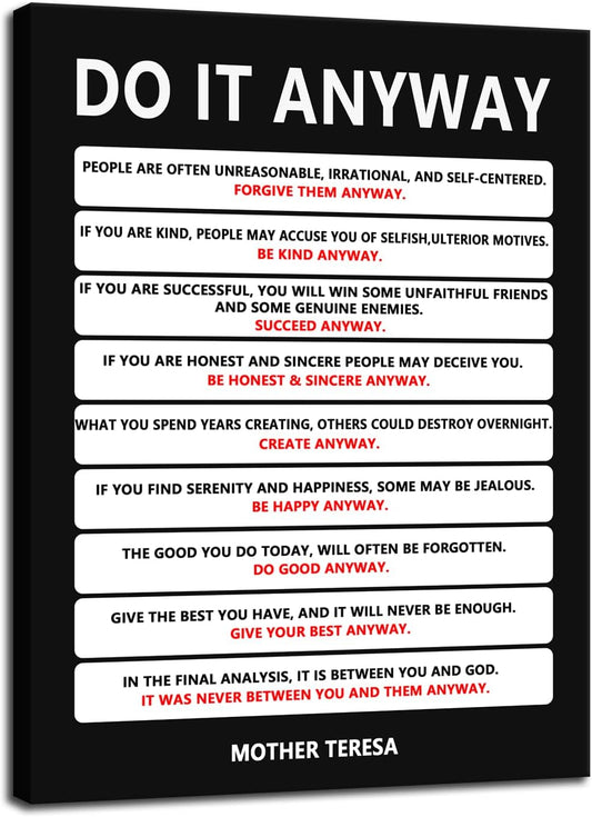 Do It Anyway Motivational Wall Art Inspirational Poster Mother Teresa Quote Canvas Prints Artwork for Office Living Room Modern Home Decor Painting Pictures Stretched and Framed [18''Wx 24''H]