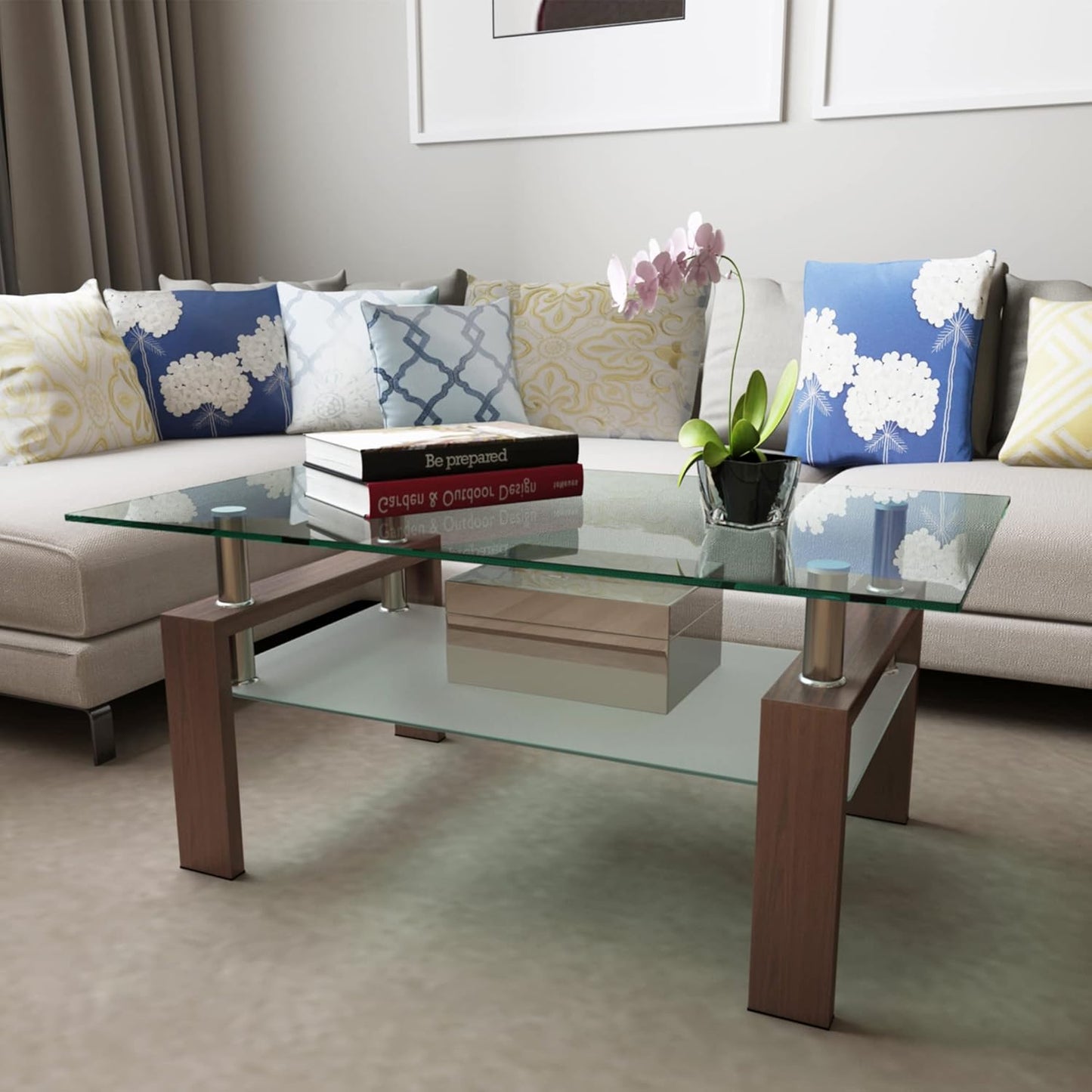 Glass Coffee Table for Living Room, Mordern Sofa Center Tables with Storage, Brown Metal Leg, Rectangle Tempered Glass Center Table Home Furniture