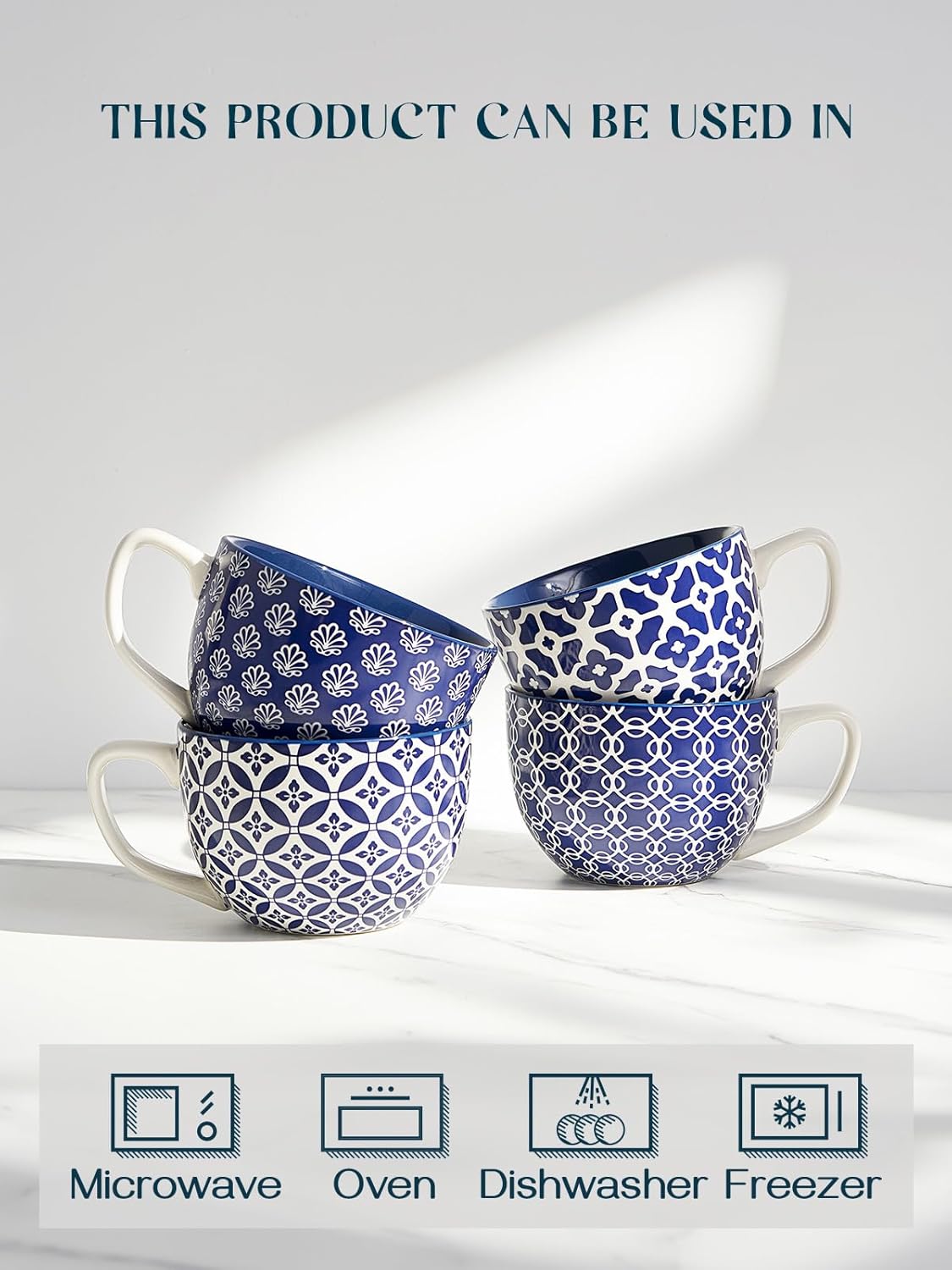 DOWAN Coffee Mugs Set of 4, 24 oz Large Coffee Mugs, Jumbo Soup Mugs With Handles, Ceramic Coffee Cups for Coffee Cereal Latte for Men Women, Housewarming Wedding Gift, Vintage Blue