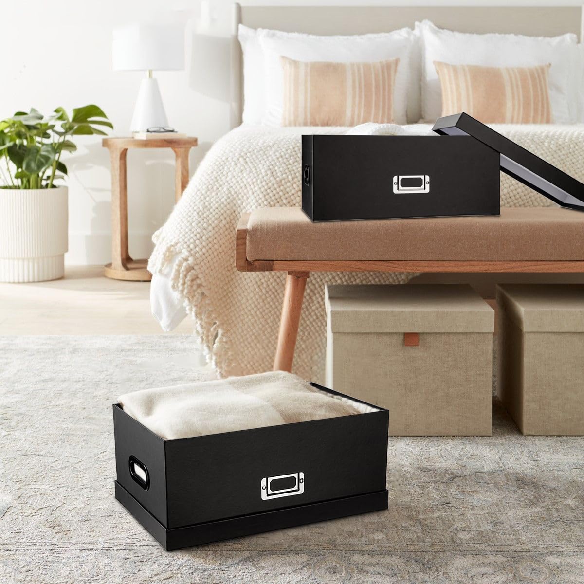 Briful Decorative Storage Boxes with Lids Set of 2 – 14'' + 13'' Set Rectangular Nesting Boxes – Cardboard Organizer with Lift-Top Lid – Black Wood for Home & Office