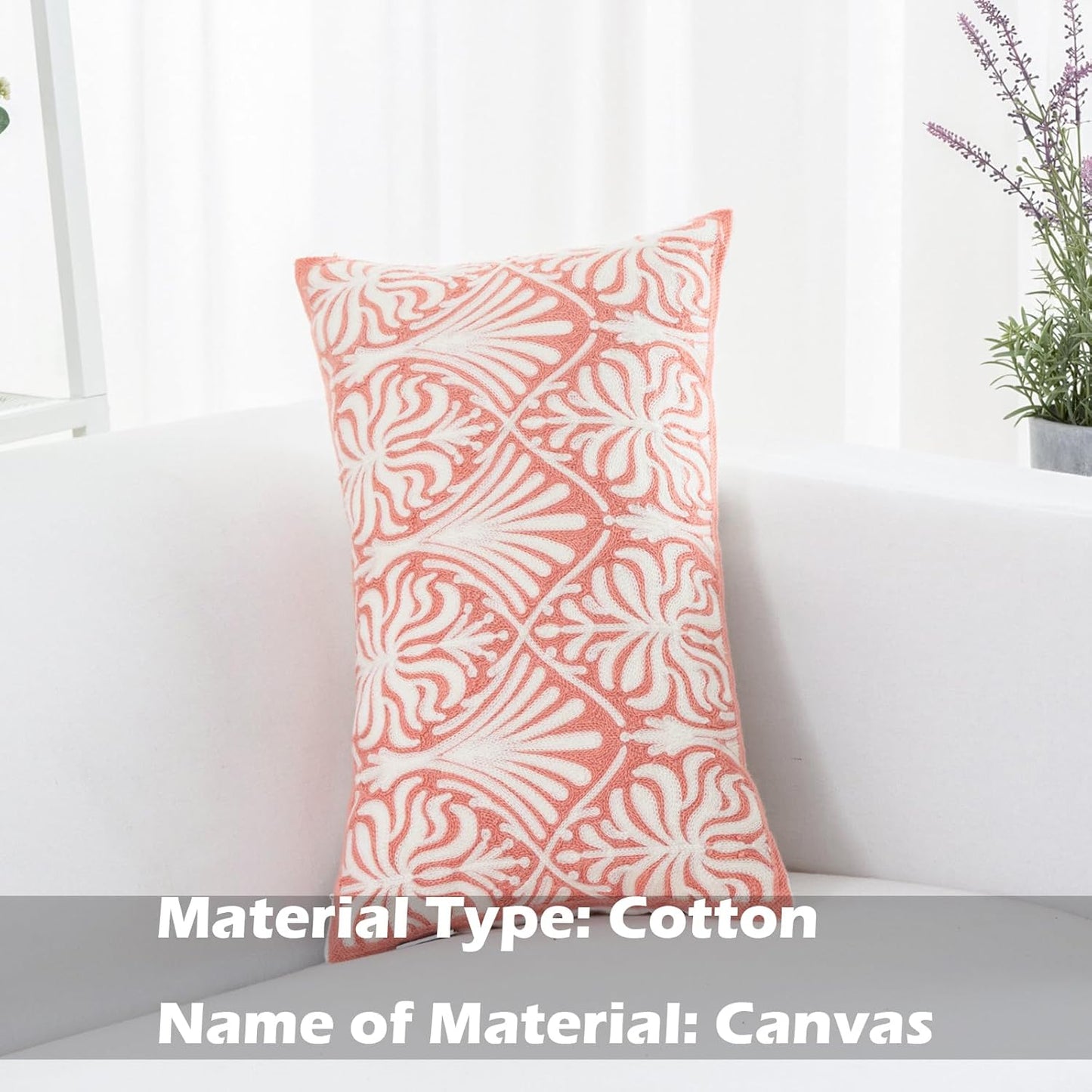 HWY 50 Pink Decorative Lumbar Pillow Cover Rectangle 12x20 Inch (1 Piece), Embroidered Cotton Farmhouse Cushion Cover Pillow Case for Sofa Couch Living Room Bed, Minimalist Floral