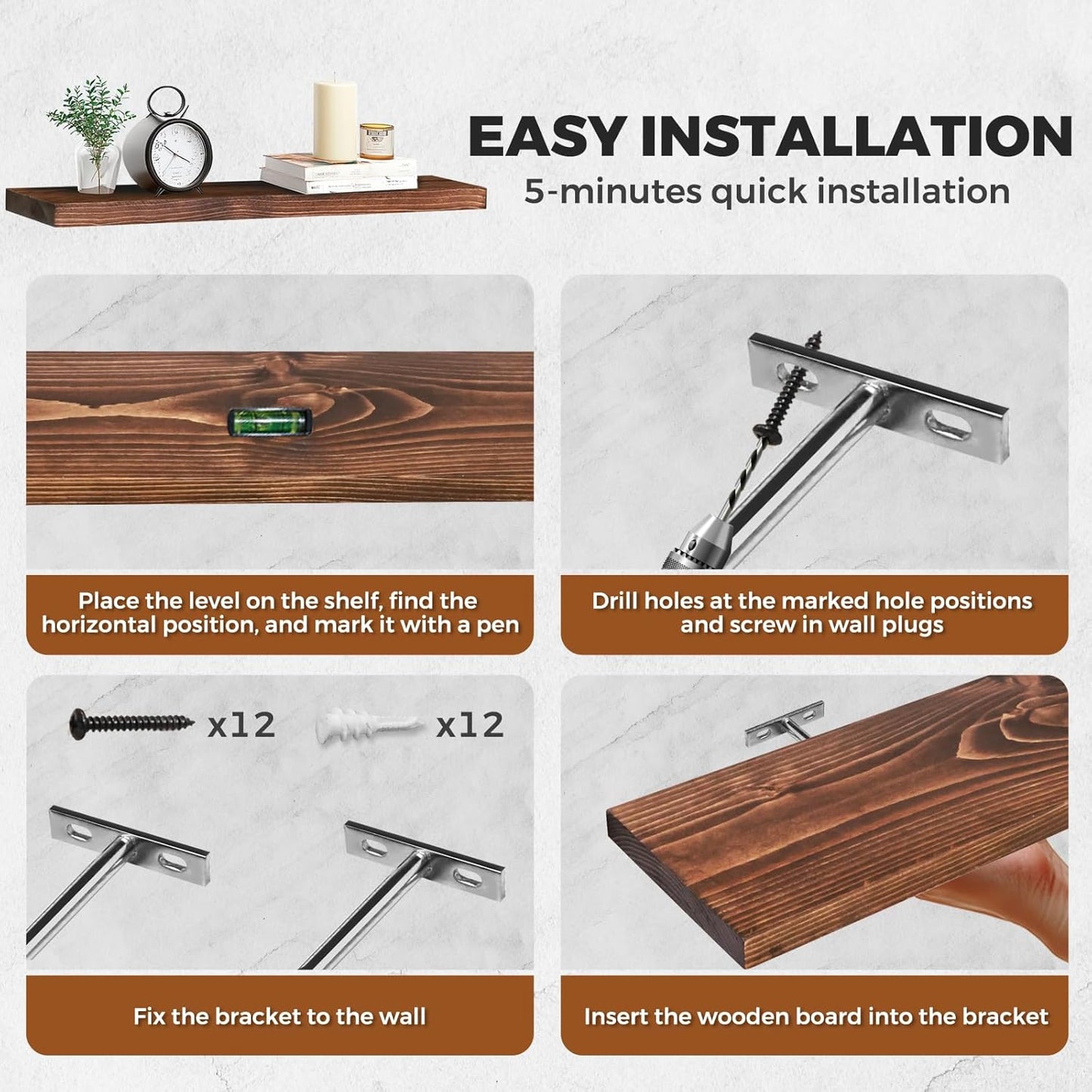 Floating Wall Shelves 3-Pack - 24-Inch Rustic Brown Wooden Shelves for Storage and Décor, Easy Installation for Living Room, Bedroom, and Kitchen