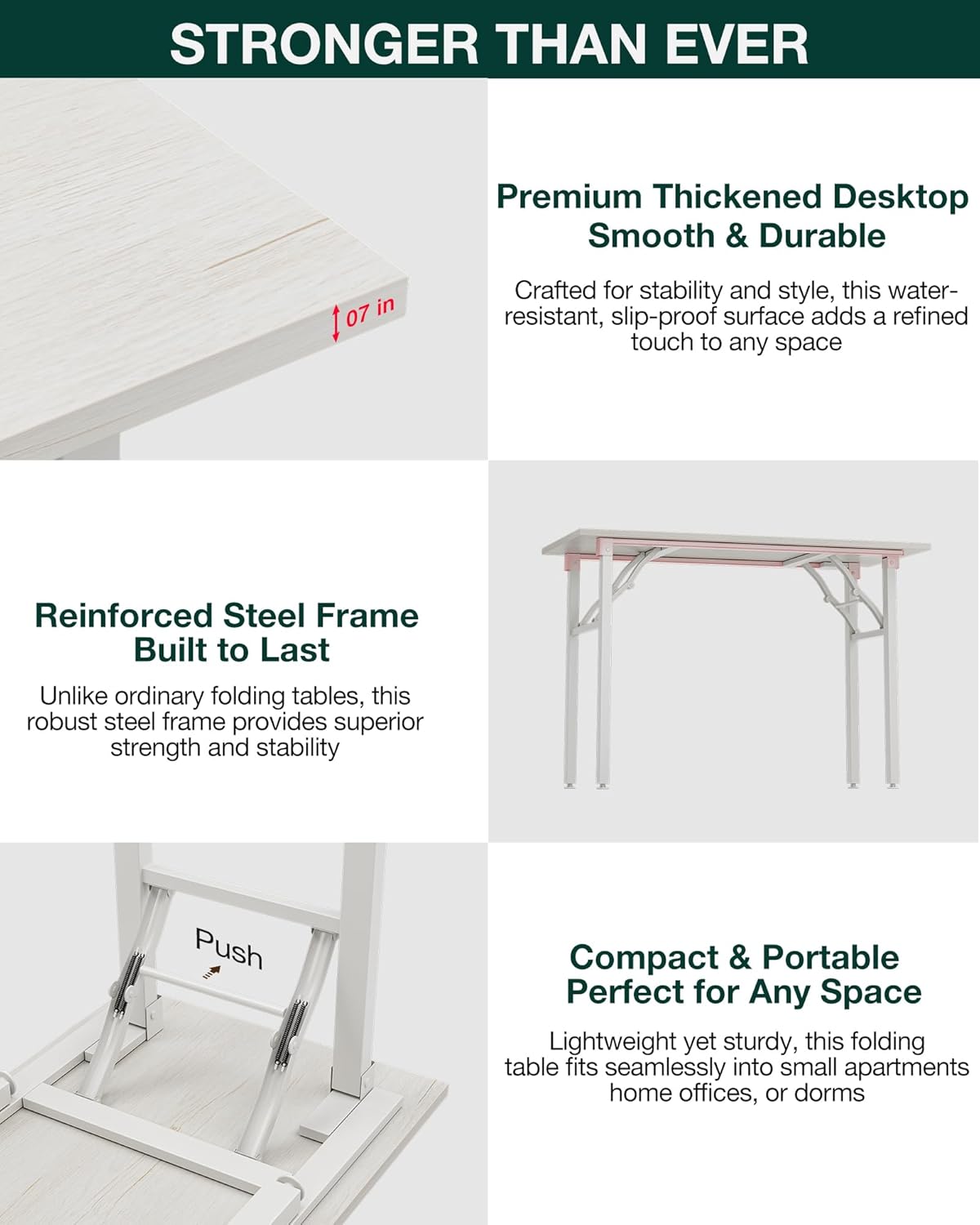 Frylr Small Folding Computer Desk – 55.1 Inch Portable Table for Craft and Study, Lightweight Desk for Small Spaces, Foldable Laptop Table Built-in AC/USB Outlets for Convenience, White Ash