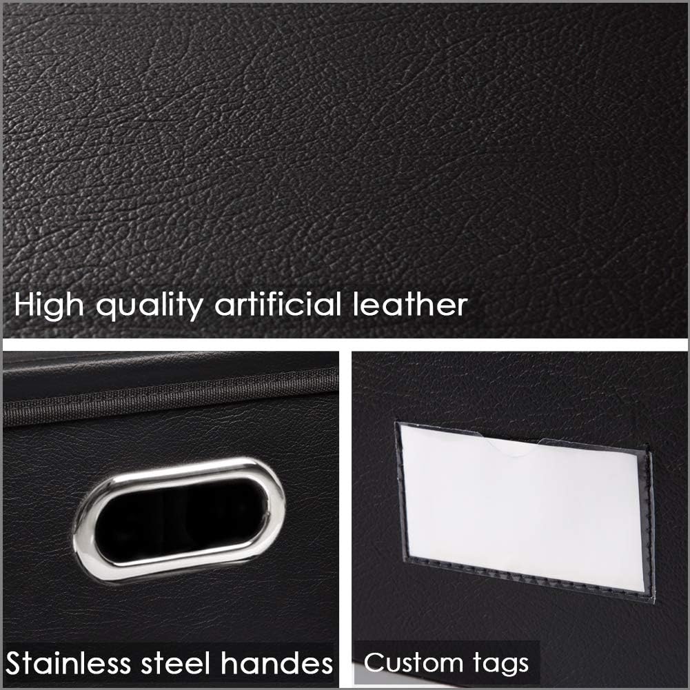 PRANDOM Collapsible Storage Bins with Lids [3-Pack] Leather Fabric Foldable Storage Boxes Organizer Containers Baskets Cube with Cover for Bedroom Closet Office Nursery Black (14.9x10.8x10)