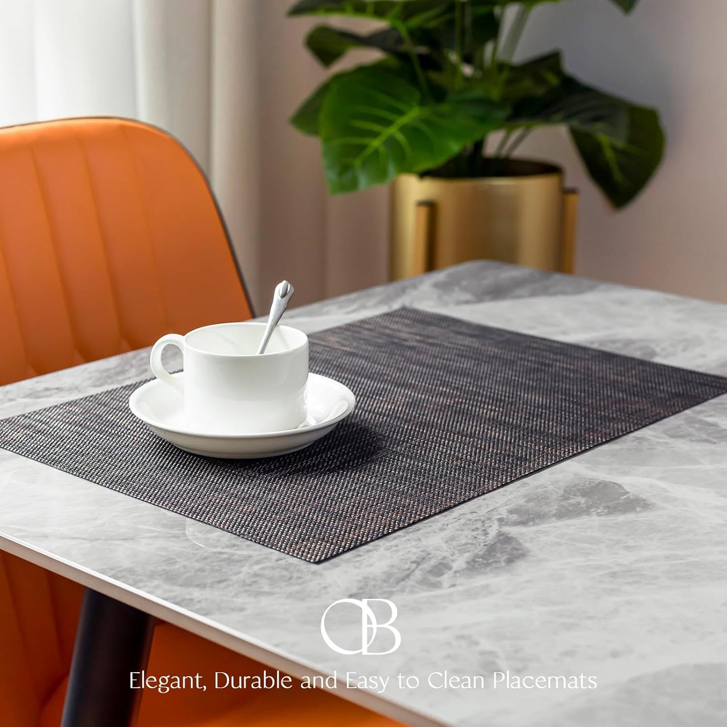 Placemats Set of 12 - Easy Clean Woven Vinyl Placemats for Dining Table, Indoor/Outdoor Place Mats, Washable PVC Table Mats（Black/Brown）