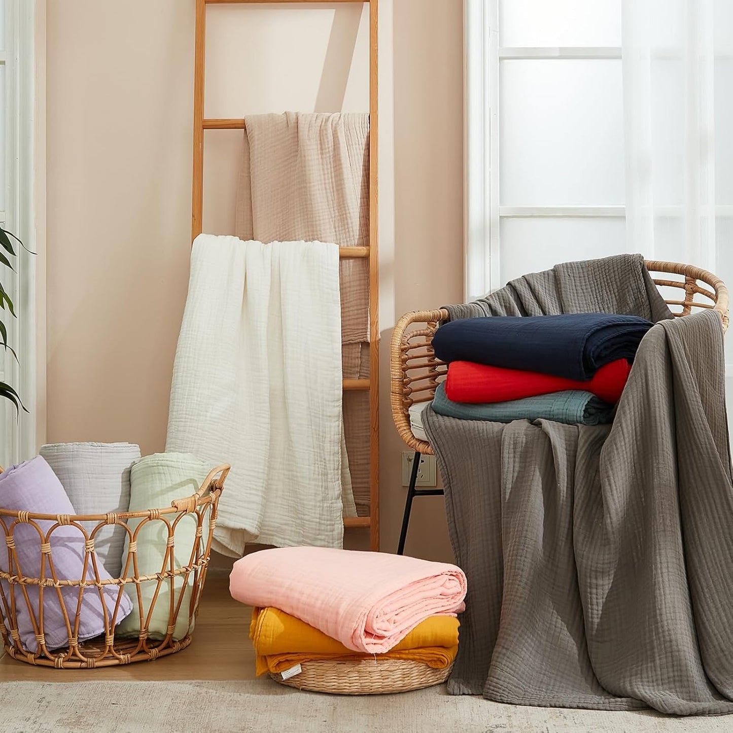 EMME Cotton Blanket Queen Size for Bed Soft Large Muslin Bed Blankets 90"x90" Lightweight Breathable All Season Gauze Blanket, Navy