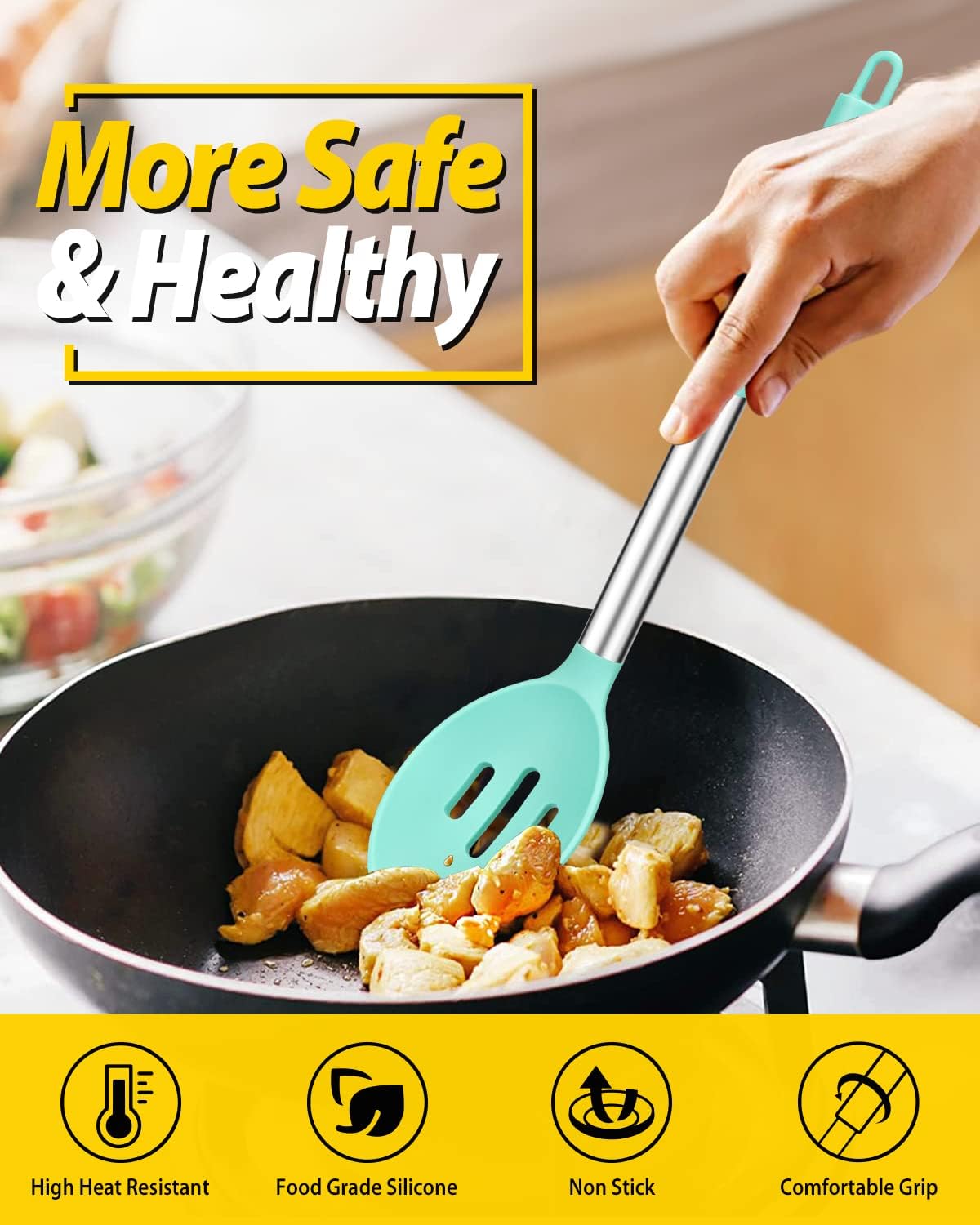 Pack of 2 Large Silicone Cooking Spoons,Non Stick Solid Basting Spoon,Heat-Resistant Kitchen Utensils for Mixing,Serving,Draining,Stirring (GREEN)