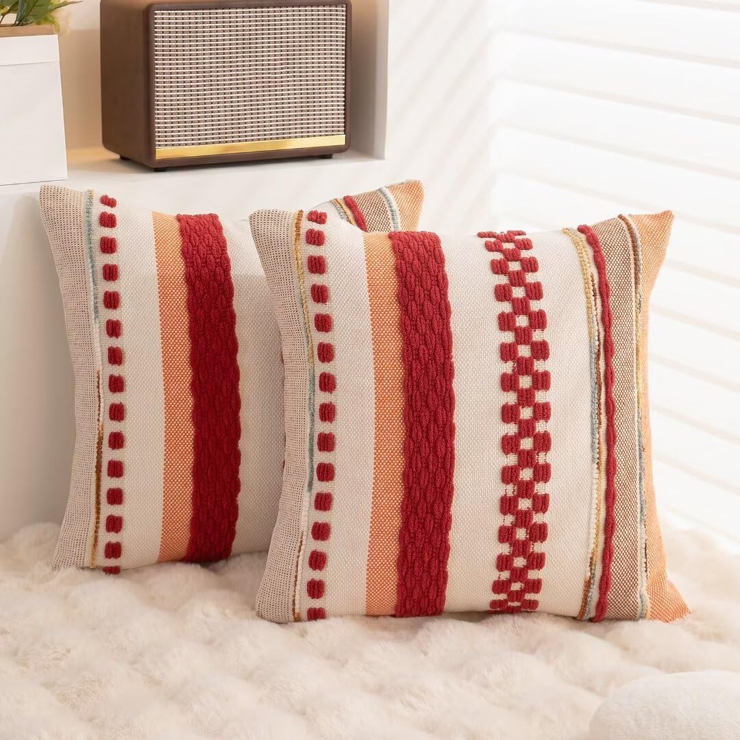 Boho Throw Pillow Covers 18x18 Set of 2 Christmas Decorative Cushion Case Striped Square Pillows Cover Chenille Pillow Cases Accent Neutral Pillowcase for Sofa Couch Bed,Red