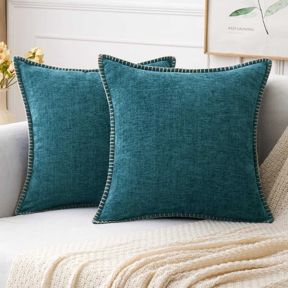 MIULEE Pack of 2 Couch Throw Pillow Covers 18x18 Inch Coastal Dark Teal Farmhouse Decorative Pillow Covers with Stitched Edge Soft Chenille Solid Dyed Spring Pillow Covers for Sofa Bed Living Room