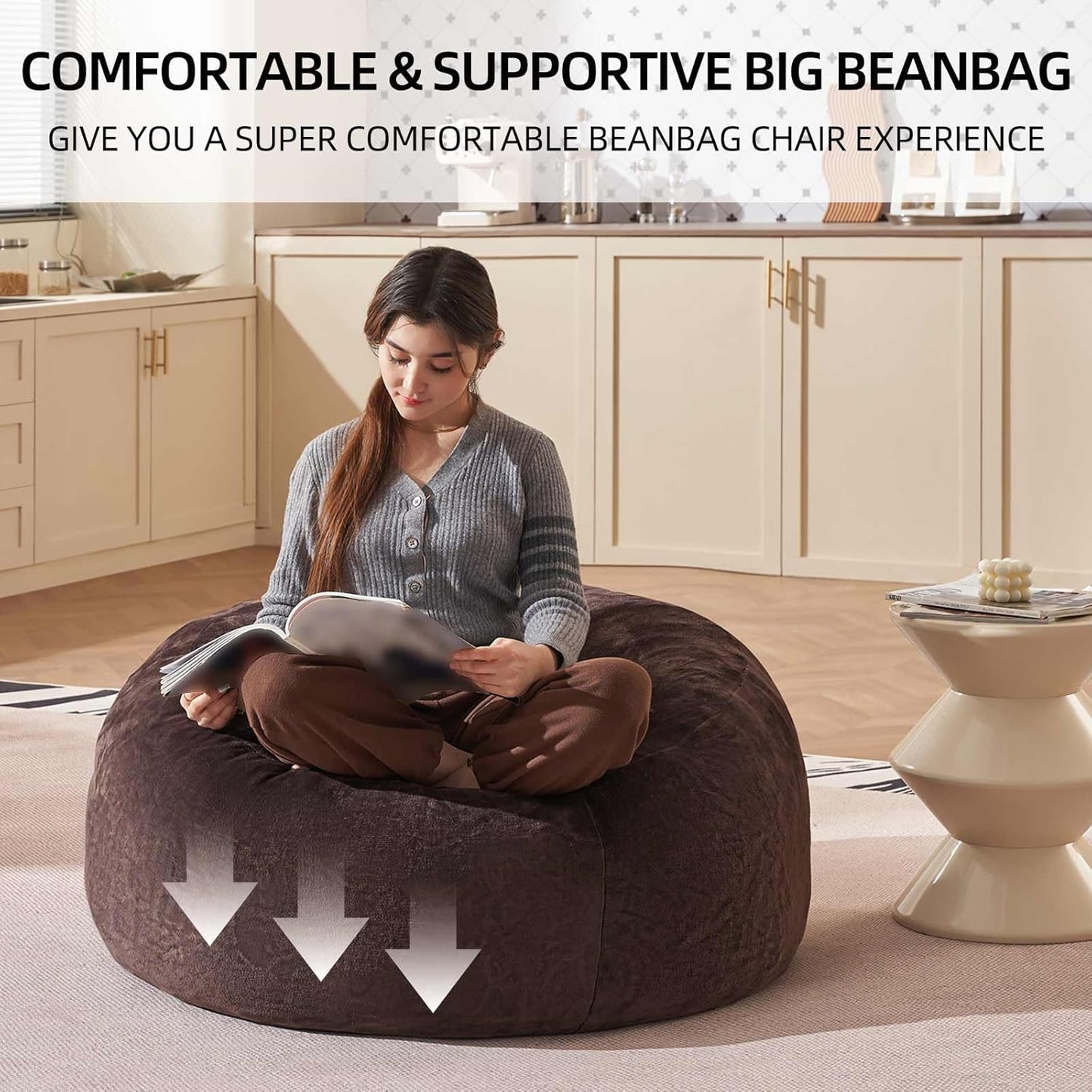 Bean Bag Chair 3Ft, Memory Foam Filled, Large Beanbag Chairs for Adults and Teens, Soft Sofa with Removable Flannel Cover, Round Couch for Living Room Bedroom College Dorm (Brown, 3FT-36×36"×24")