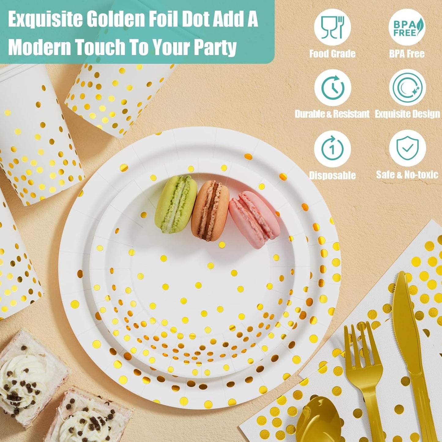 White and Gold Party Supplies, 350PCS Disposable Dinnerware Set w/White Paper Plates Napkin Cups Plastic Forks Knives Spoon for Women Men Birthday Christmas Retirement New Year Eve 2025 Decorations