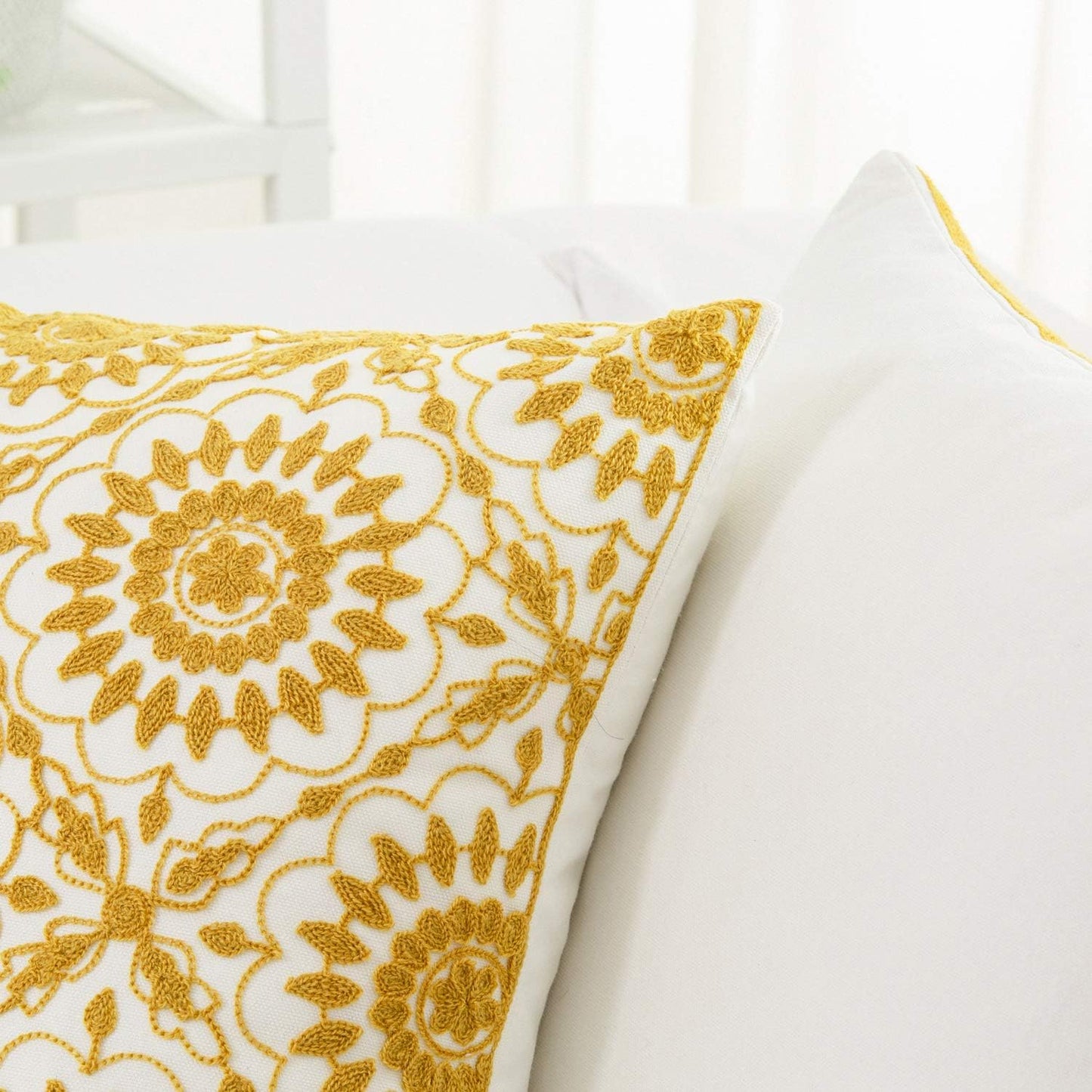 HWY 50 Yellow Decorative Throw Pillow Covers 18x18 Inch (1 Piece), Embroidered Cotton Farmhouse Cushion Cover Pillow Case for Sofa Couch Living Room Bed, Little Sunflower