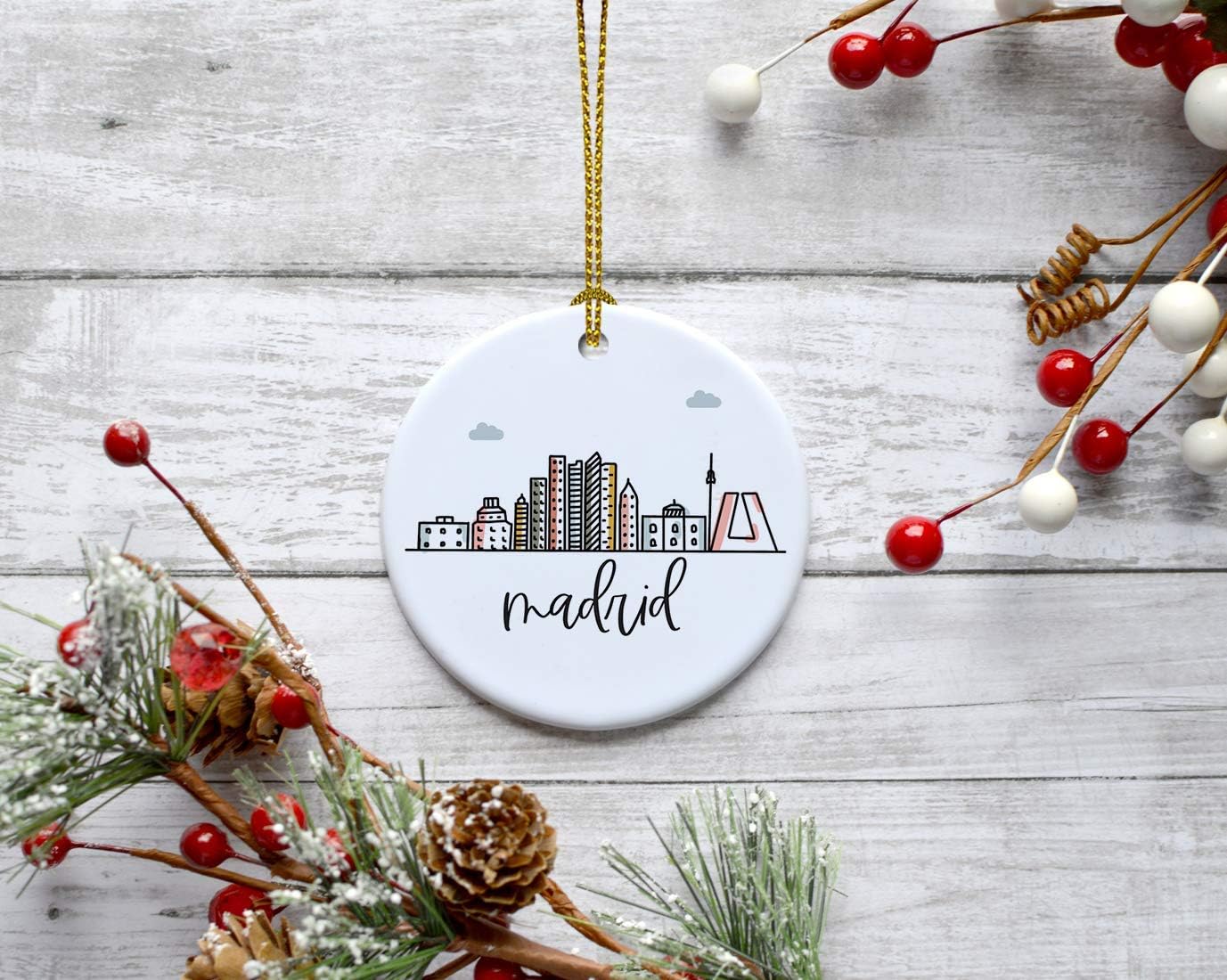 Andaz Press Round Ceramic Porcelain Christmas Tree Ornament Keepsake Gift, Madrid, Colorful International City Skyline Graphic, 1-Pack, Birthday Ideas Family Coworker Him Her, Gift Box