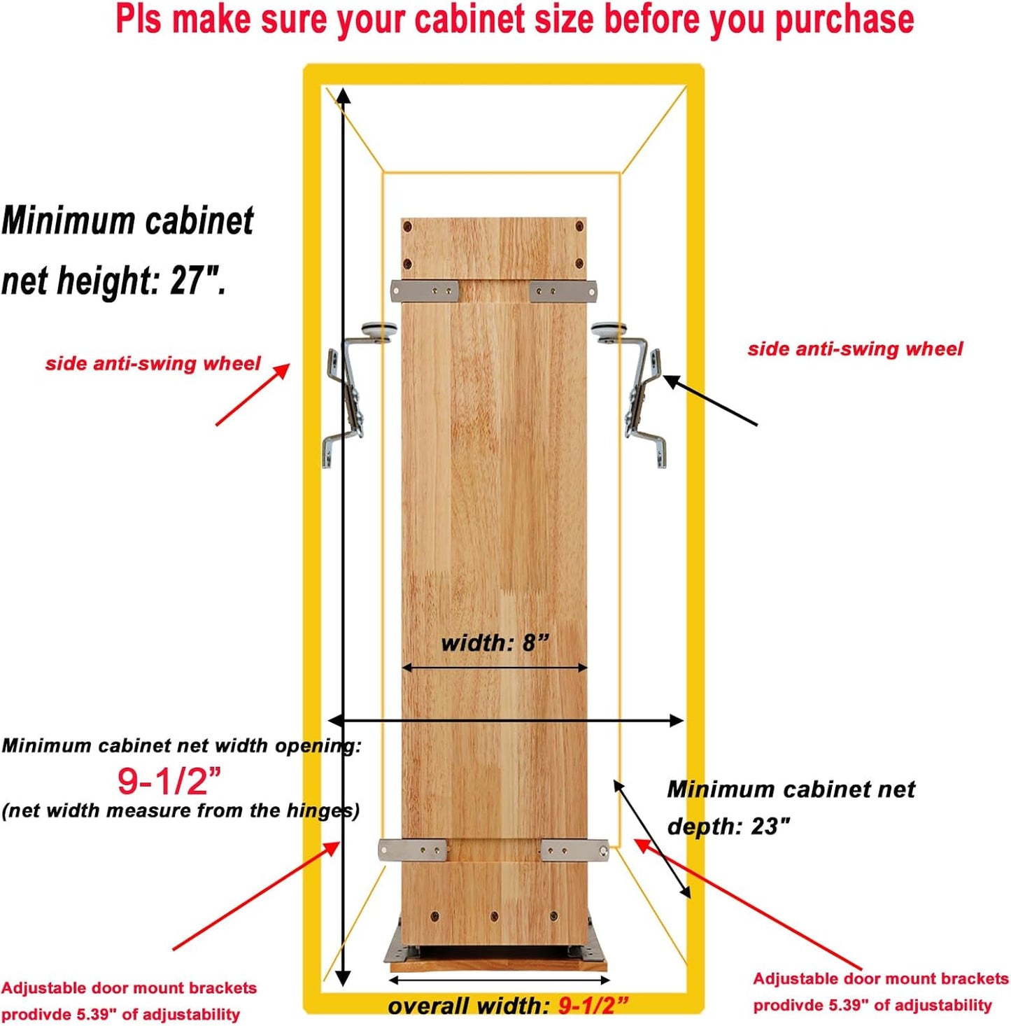 DINDON Pull Out Spice Rack Cabinet Organizer, (8" W x 21.9" D x 25.2" H) Multi-Use Soild Wood Pull Out Cabinet Organizer Slide Out Shelf Sliding Base Cabinet Storage Organization