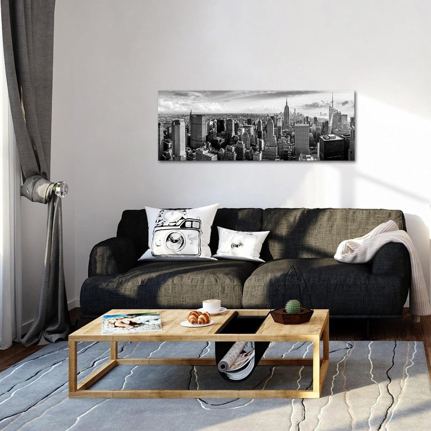 LevvArts New York Canvas Wall Art Black and White City Skyline Picture Panoramic Photo Canvas Print Modern Home Office Living Room Wall Decoration Ready to Hang 20"x55"