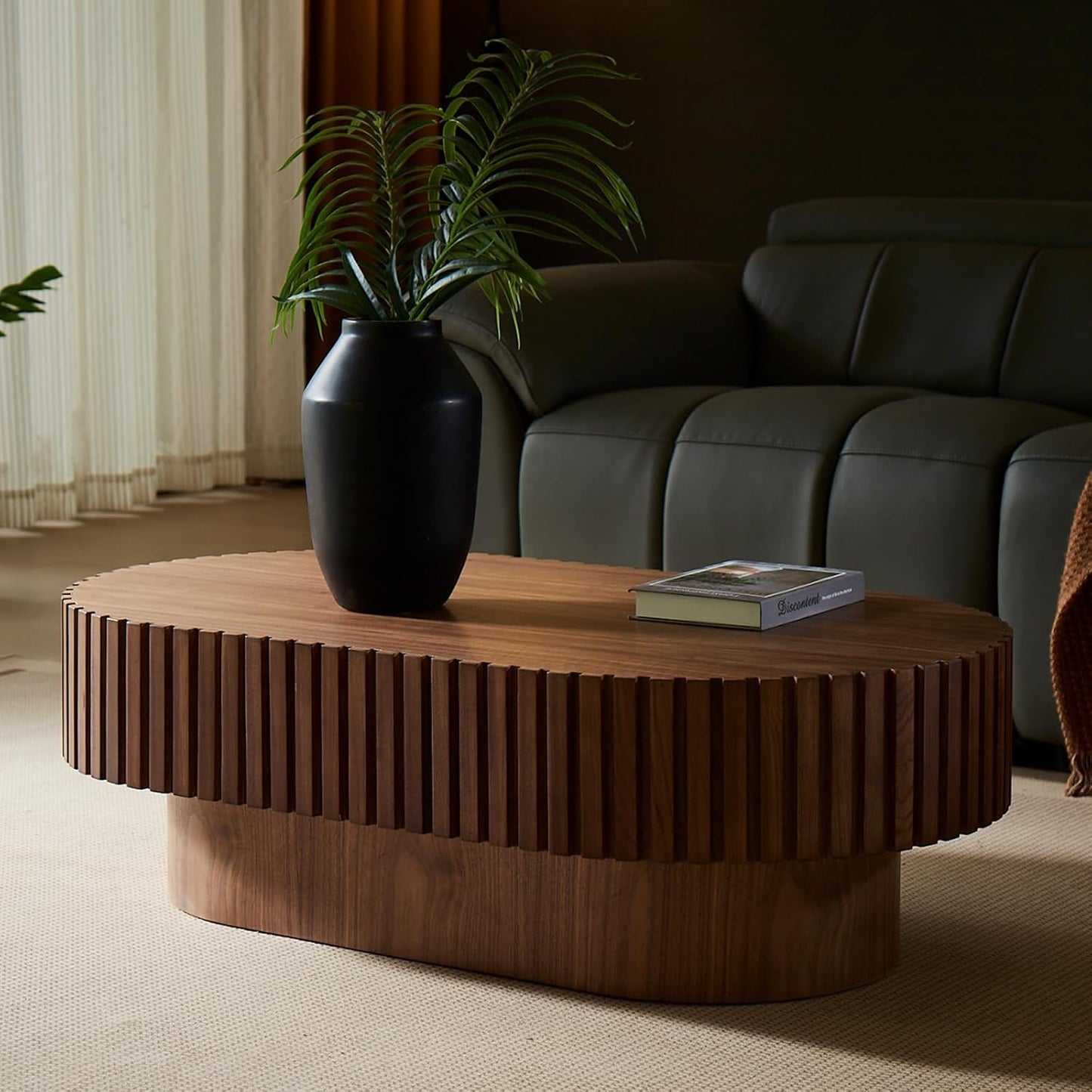 43.7" Oval Coffee Table for Living Room,Modern Handcraft Drum Coffee TableSmall Wooden Coffee Table with Sturdy Pedestal Easy Assembly for Office-Walnut