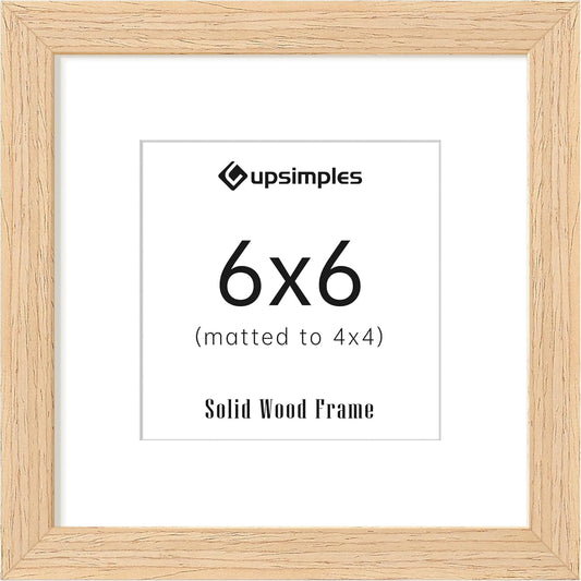 upsimples 6x6 Picture Frame, Natural Solid Wooden Picture Frames, Display 4x4 with Mat or 6 x 6 Without Mat, Wall or Tabletop, 1 Pack, Natural