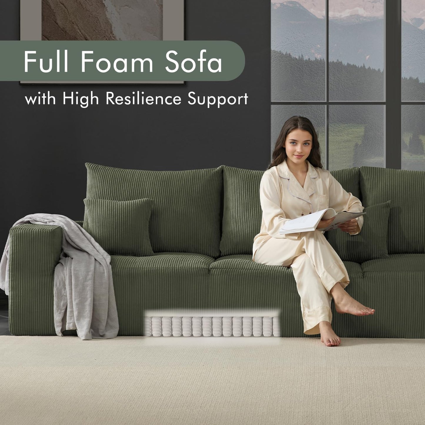 Boneless Cloud Couch Sofa for Living Room, 112" 3 Seater Green Modern Lounge Sleeper Couch, No Assemble, Cordury Compression Upholstered Couches