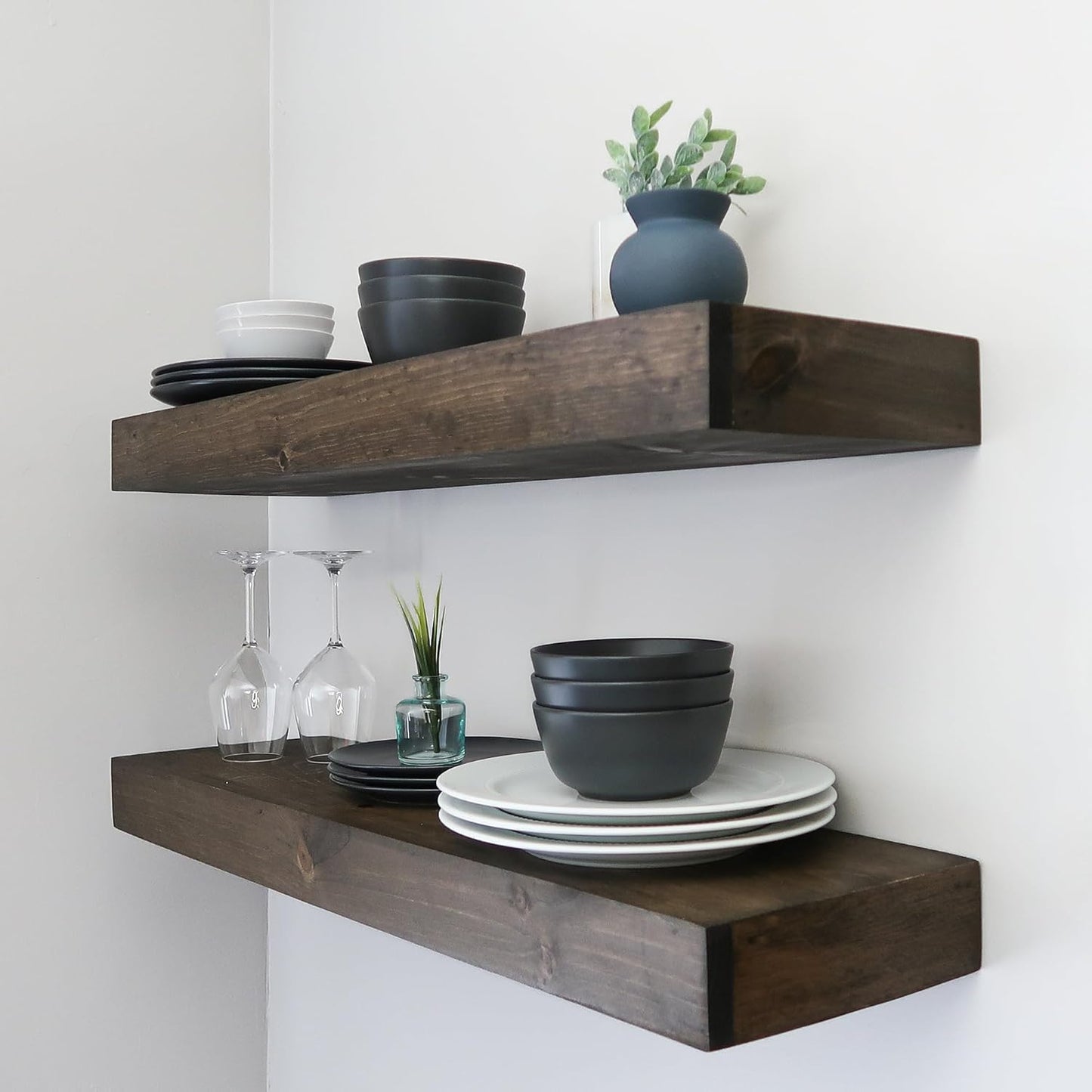 Modern Floating Shelves 3 Inches Thick for Wall, Wide Shelves for Kitchen, Living Room, Bedroom, and Bathroom, Natural Pine Wood, Rustic Wooden Shelf, (Set of 2) (Jacobean, 36Lx3Hx8D)