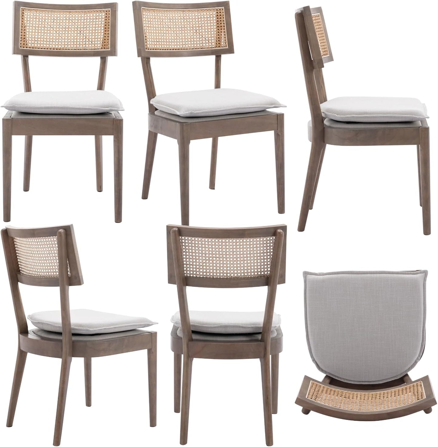 Rattan Dining Chairs Set Of 4 , Mid Century Modern Upholstered Cane Back Chairs with Removable Linen Cushion , Retro Farmhouse Natural Wooden Kitchen & Dining Room Chairs for Restaurant Living Room