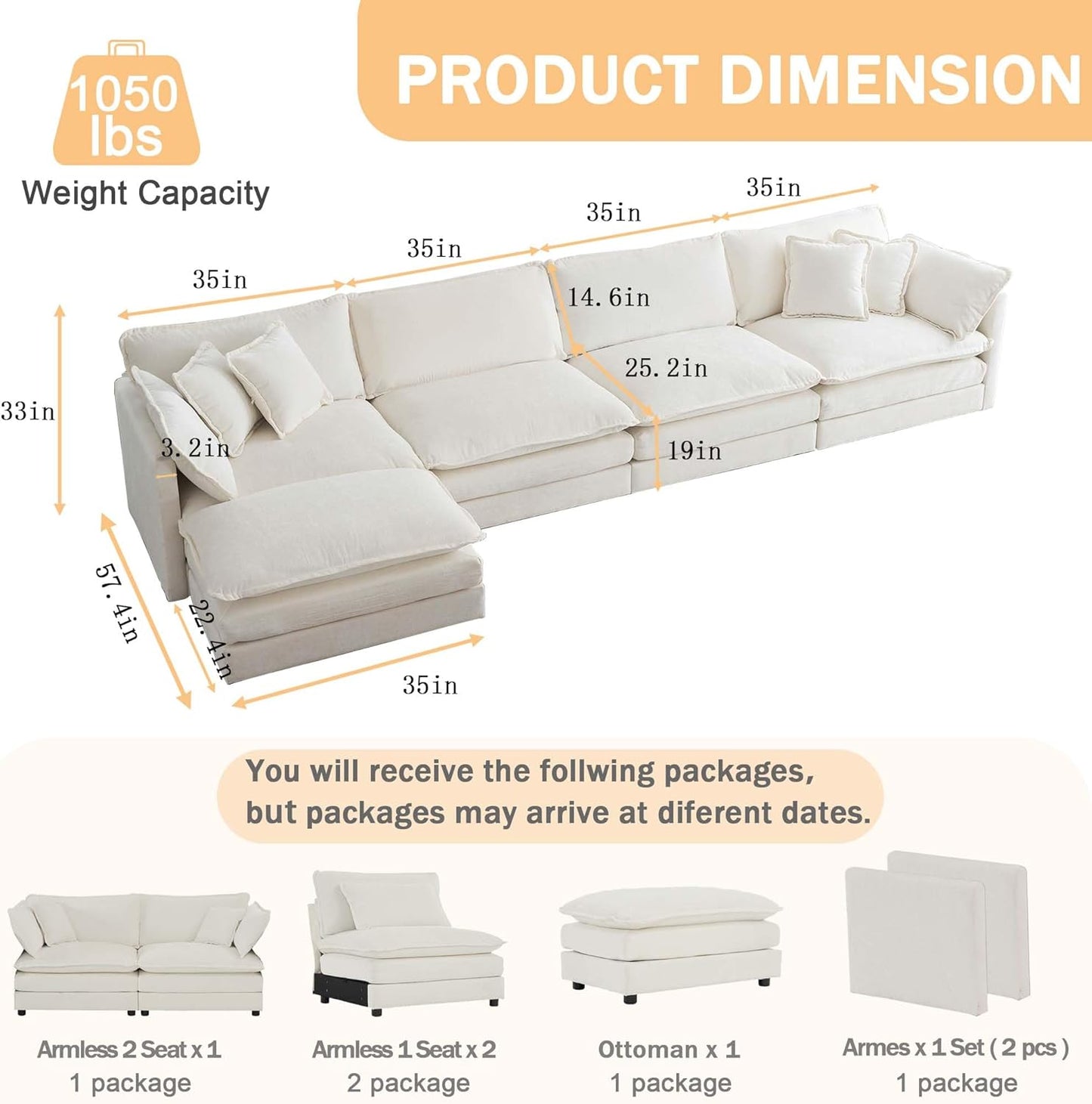 Sectional Sofa 4 Seater with Movable 1 Ottoman,Oversized Modular Couch Deep Seat (Beige, 146.5 inch-L)