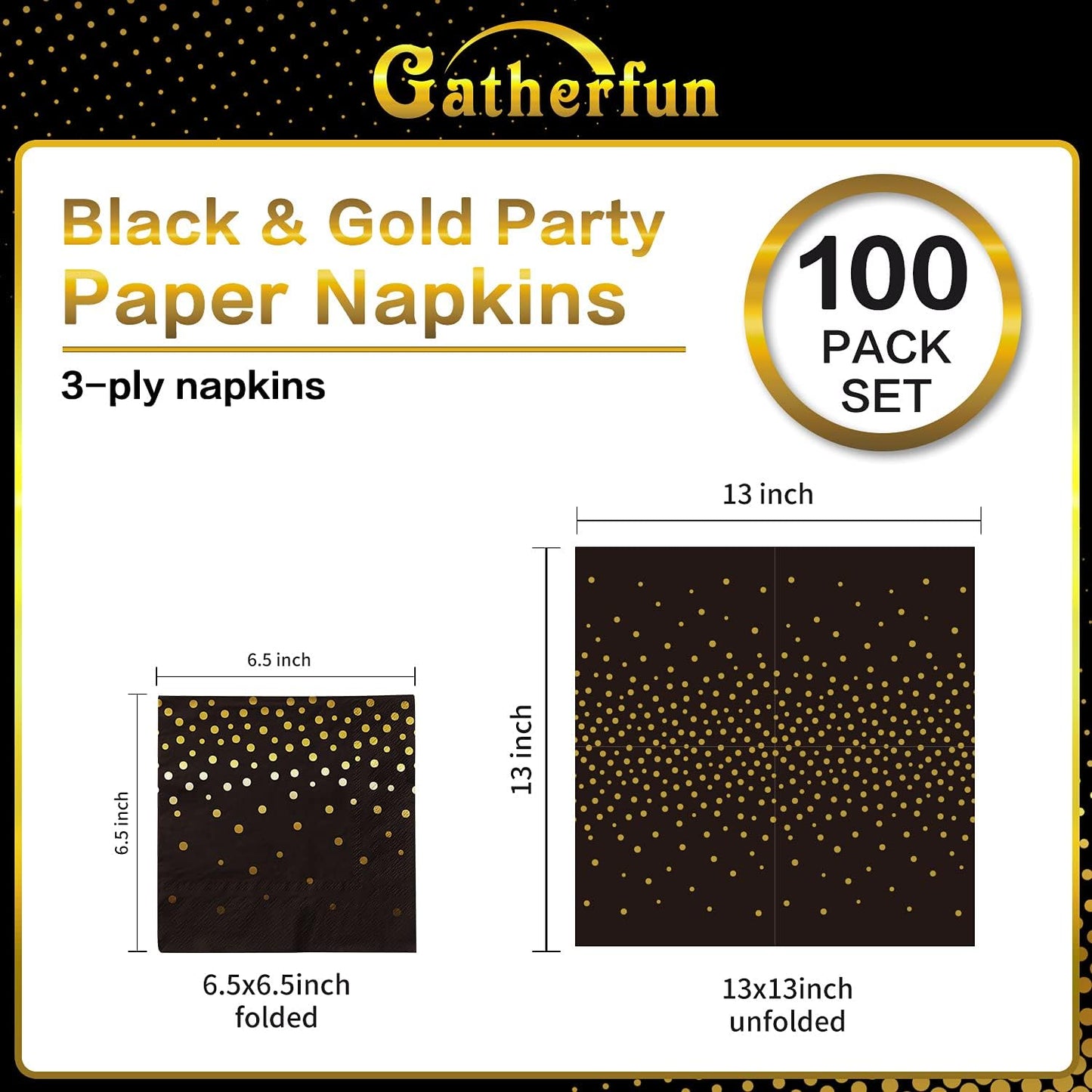 Gatherfun Black and Gold Party Supplies Disposable Napkins Gold Dot Confetti Paper Napkins for Graduation Wedding Anniversary Cocktail Birthday Party Decorations 3-Ply 100 Pack