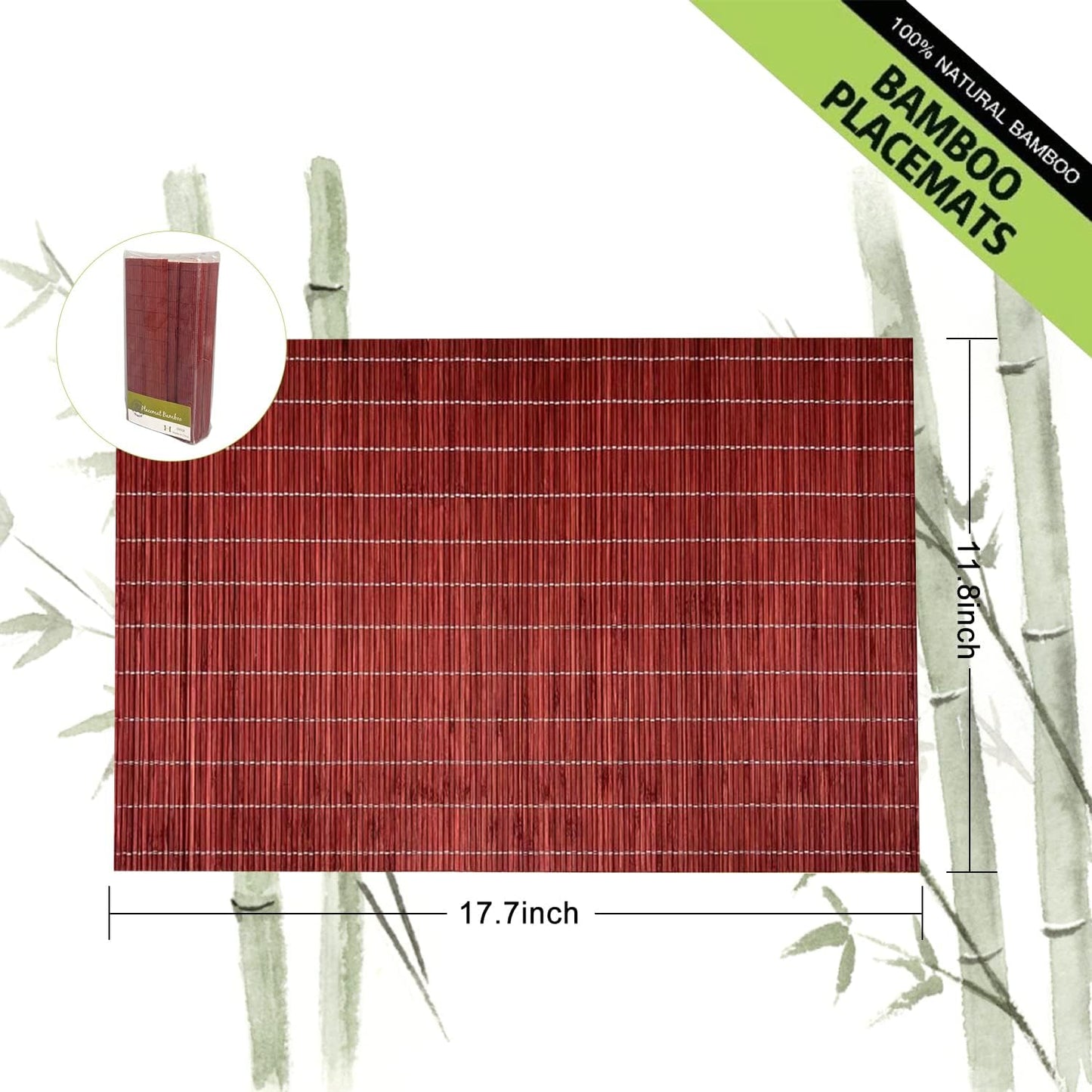 ANDSTAR Set of 8 Pcs Bamboo Placemats Natural Anti-Slip Bamboo Placemats Washable Heat-Resistant Table Mats for Dining Room and Kitchen （Red）