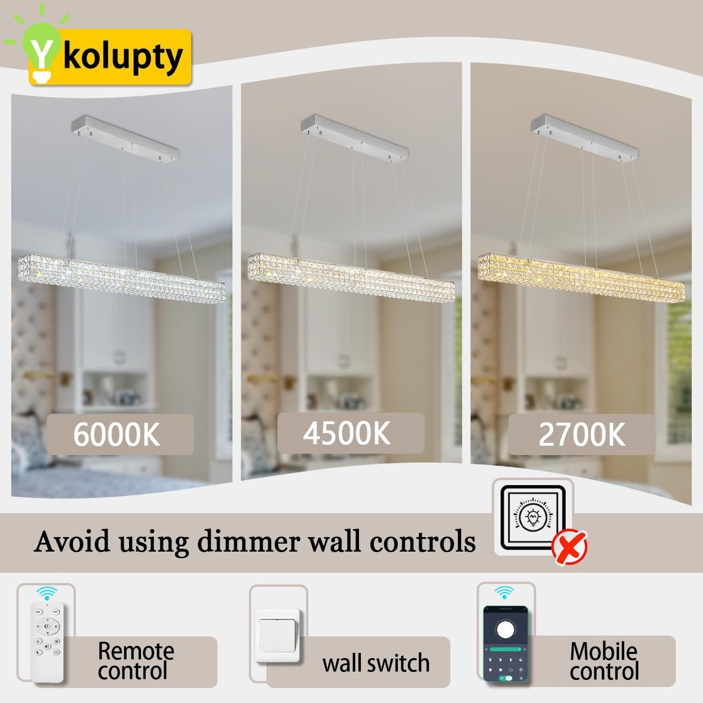 W48 Modern Rectangular Crystal Chandeliers Dining Room Chandelier,Silver Pendant Light Fixture with Remote Control for Living Room Kitchen Island