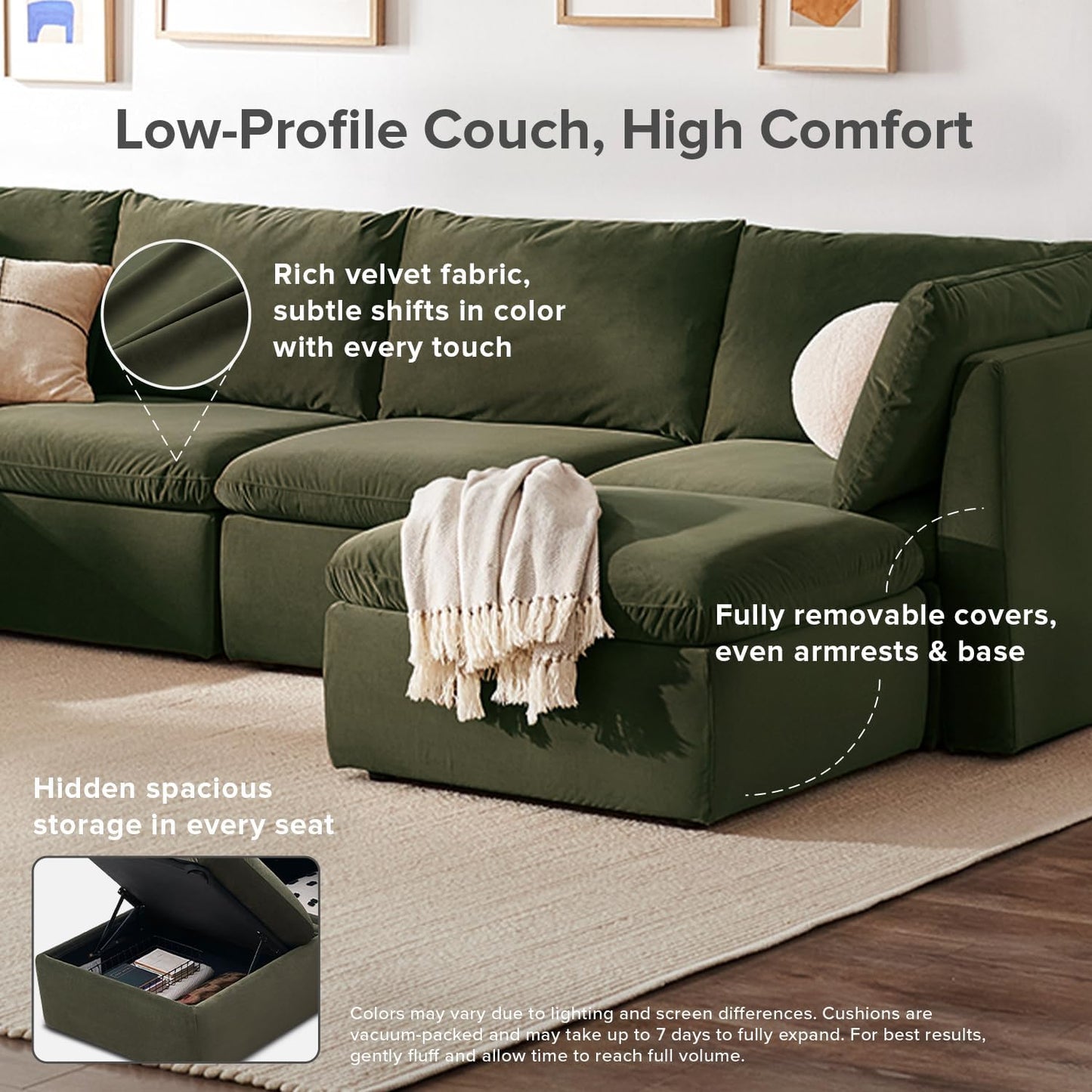 mopio Oversized Modular Sectional Sofa with Fully Removable Covers and Storage, Convertible U, L-Shaped and Sleeper Sectional, Modern Couches with Ottoman Chaise (Olive Green Velvet, 9 Seats, Sleeper)