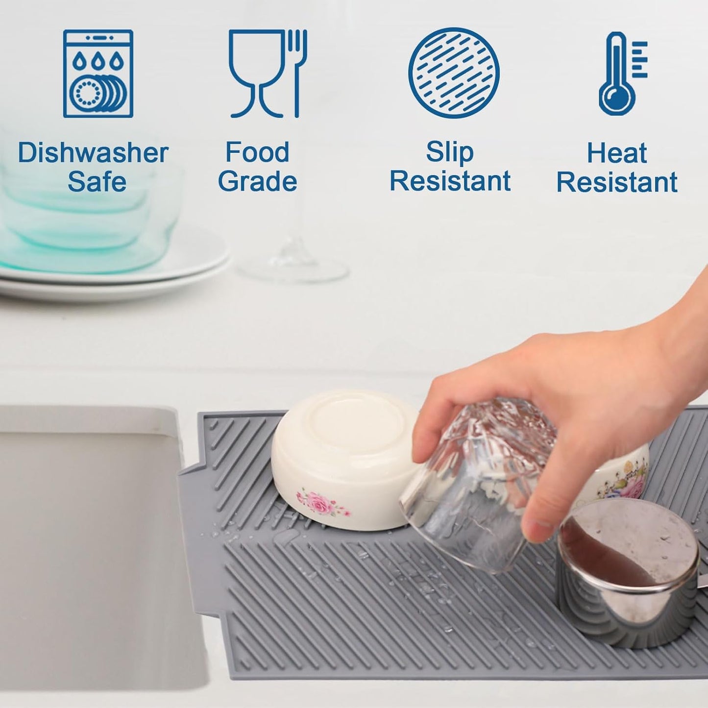 Silicone Dish Drying Mat for Kitchen Counter, 15''x 10'' Drying Mat with Drain Lip, Non-Slip Dish Drainer Mats with Built-in Drain, Heat Resistant Drain Pad on Countertop, Gray