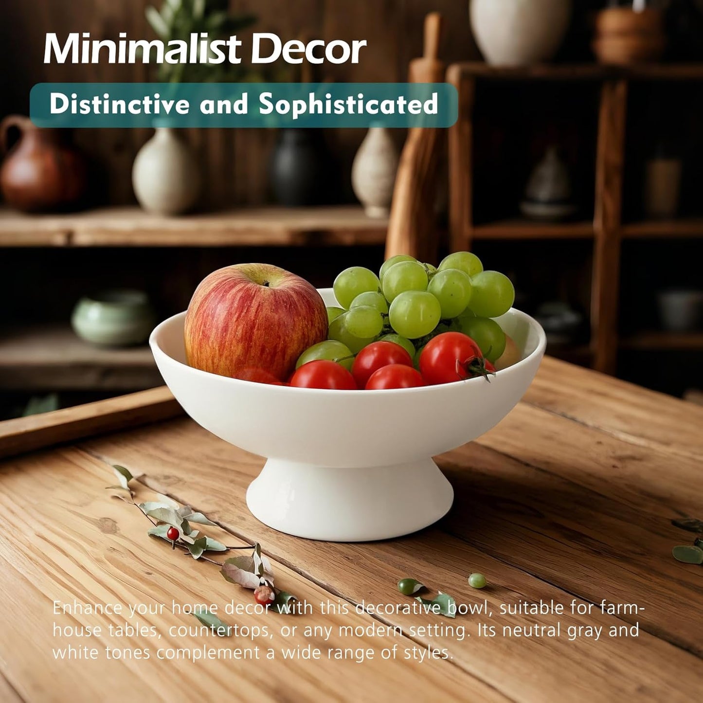 White Pedestal Decorative Bowl - 8" Minimalist Decorative Fruit Bowl for Kitchen Counter, Entryway,Multi-Purpose Centerpiece bowl for Bread, Snacks, Candy, Perfect for Housewarming &Wedding Gift