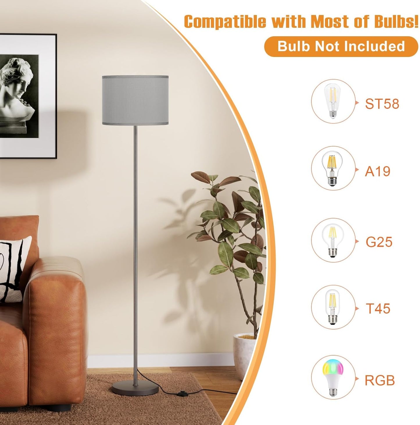 Ambimall 60'' Modern Floor Lamp with Shade, Tall Lamps for Living Room, Bedroom, Office, Dining Room, Gray Shade with Deep Gray Pole(Without Bulb)