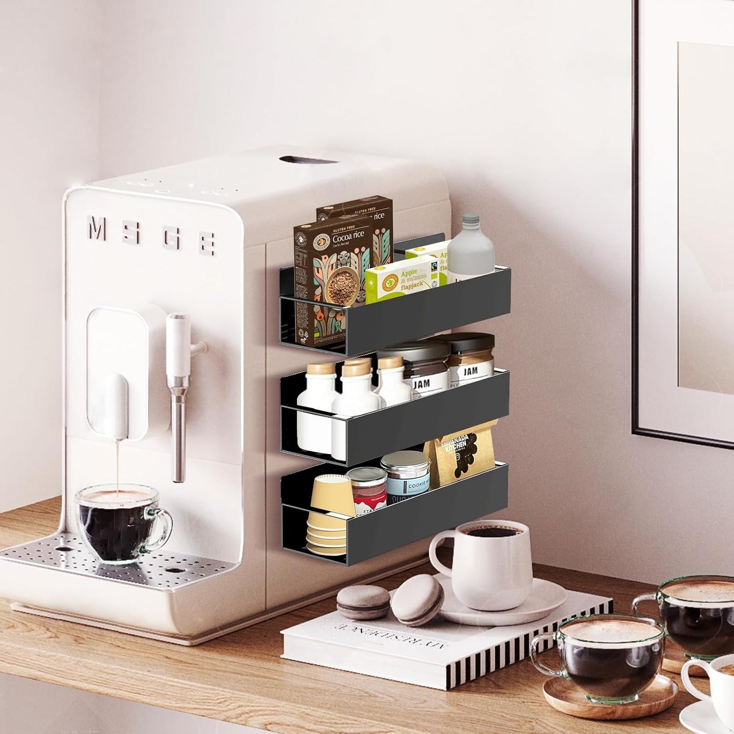 Magnetic Spice Rack Organizer for Fridge Seasoning Organizer for Kitchen storage with Screw or Adhesive Hanging,Magnetic Shelf with Hook for Refrigerator and Oven (Black, 5pack)