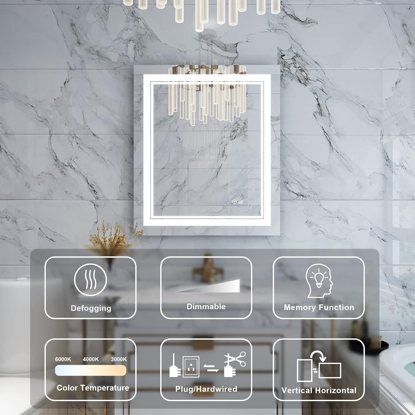 WELLFOR LED Bathroom Vanity Mirror 20 x 28 Inch, Lighted Anti-Fog Dimmable Mirror, IP44 Waterproof Wall Mounted Makeup Mirror, Packed with US Standard Plug and Touch Switch, (Horizontal/Vertical)