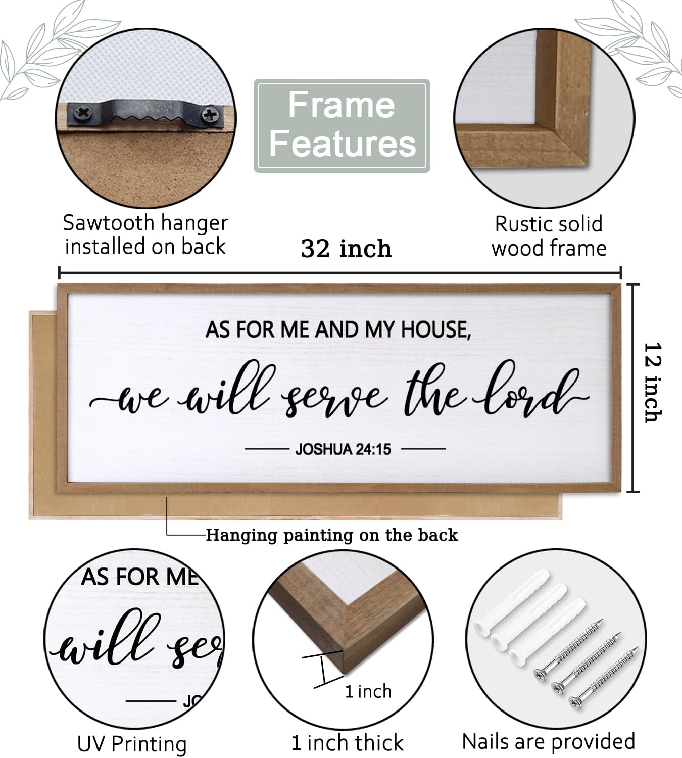 As For Me And My House We Will Serve The Lord Framed Wall Art, 32''×12'' Horizontal Positive Religious Rustic Bible Verse, Vintage Holy Catholic Scripture Decor for Christian God Jesus Christ Prayer