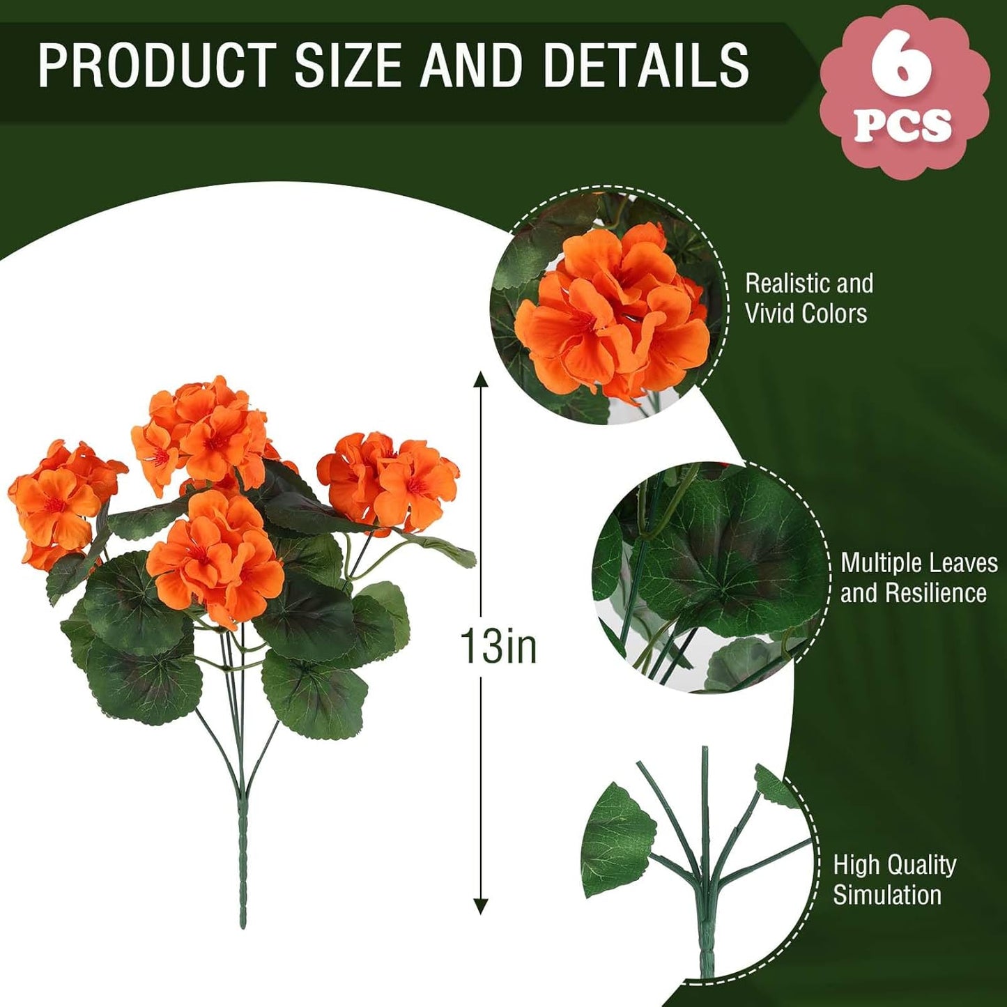 Hananona 6 Bundles Artificial Geranium Flowers for Outdoors Orange Silk Geranium Flowers Outdoor UV Resistant Plants Faux Fall Flower for Home Kitchen Autumn Table Centerpieces Decor (6, Orange)