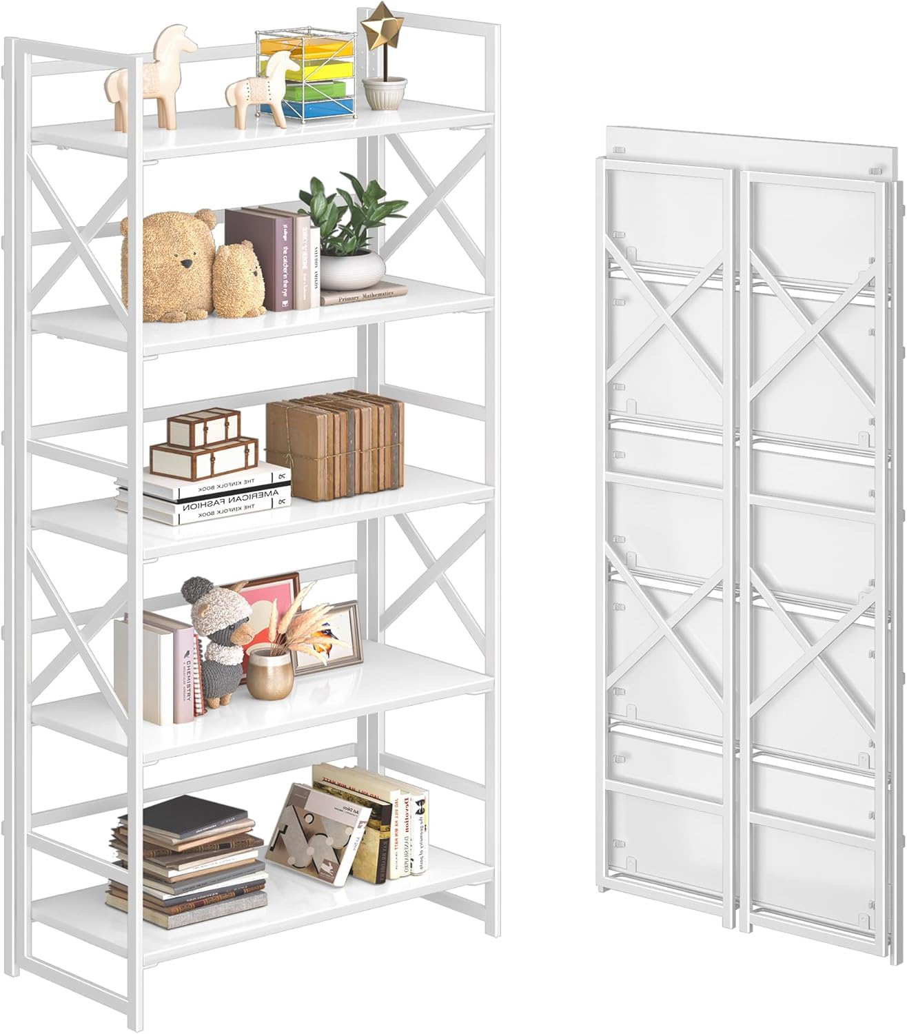 4NM 5 Tiers No Assembly Book Shelves, 51.2" H Folding Bookshelf Bookcase Open Industrial Foldable Shelves for Bedroom, Living Room, Home Office - All White