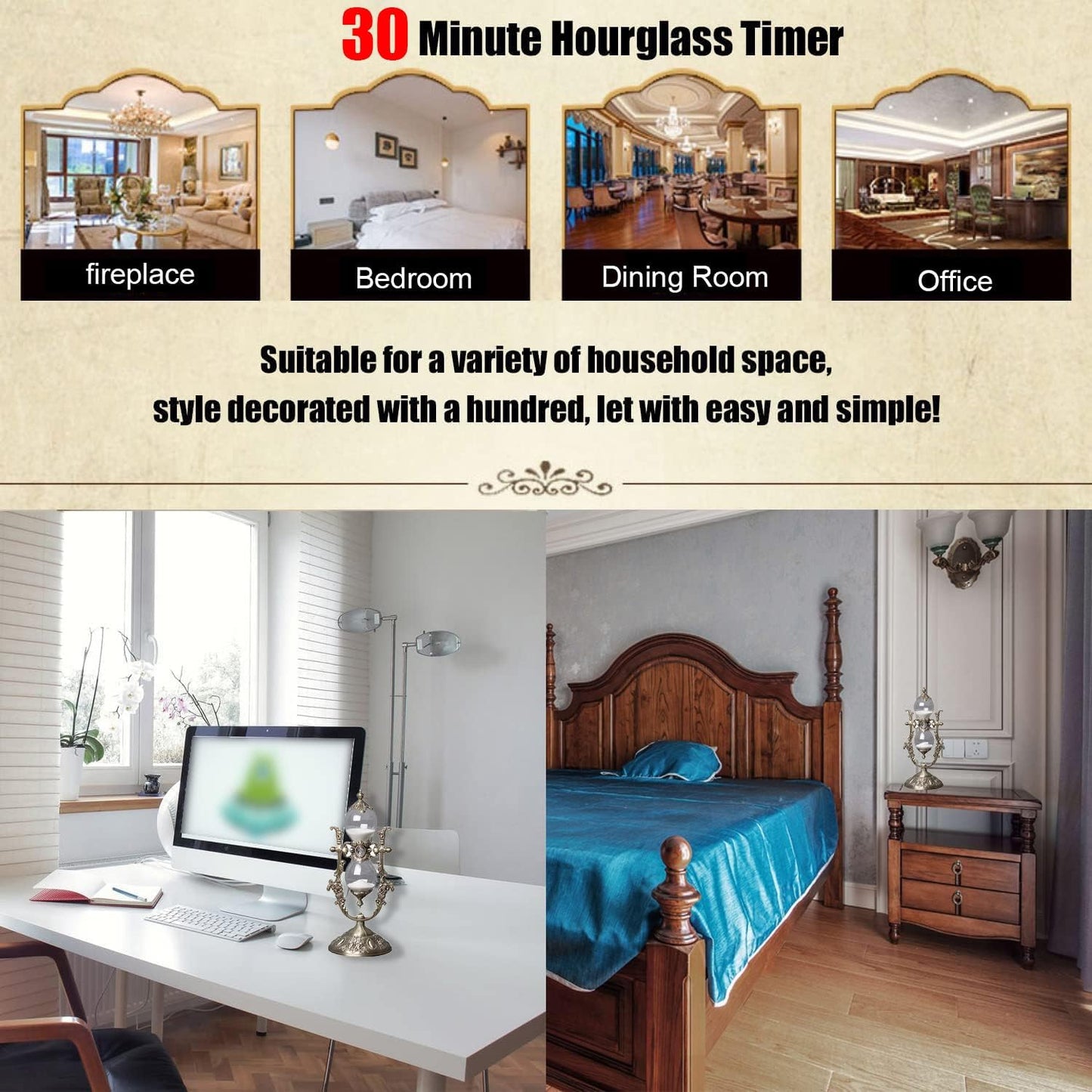 Sand Timer 30 Minutes,Sanduhr Deko,Hour Glass,Metal Vintage Hourglass,for Home Decoration Office Desk Wedding Party Decor Kitchen Timer (White Sand)