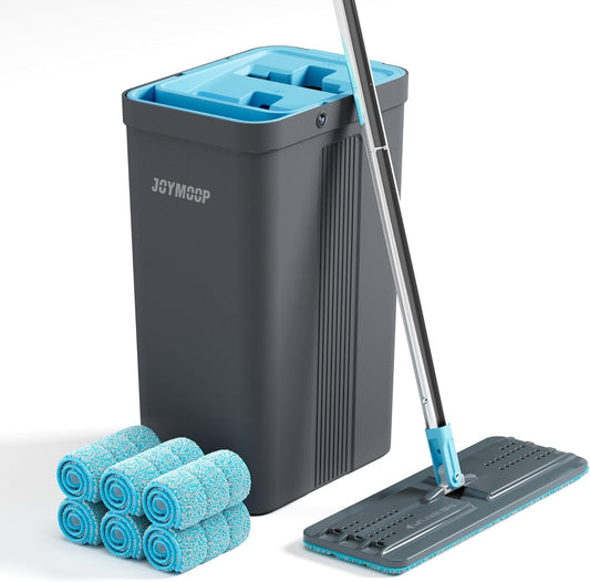JOYMOOP Mop and Bucket Set with Wringer, Mops for Floor Cleaning, Wall Mop Cleaner with Long Handle, with 6 Reusable Microfiber Mop Pads - Grey+Cyan Blue