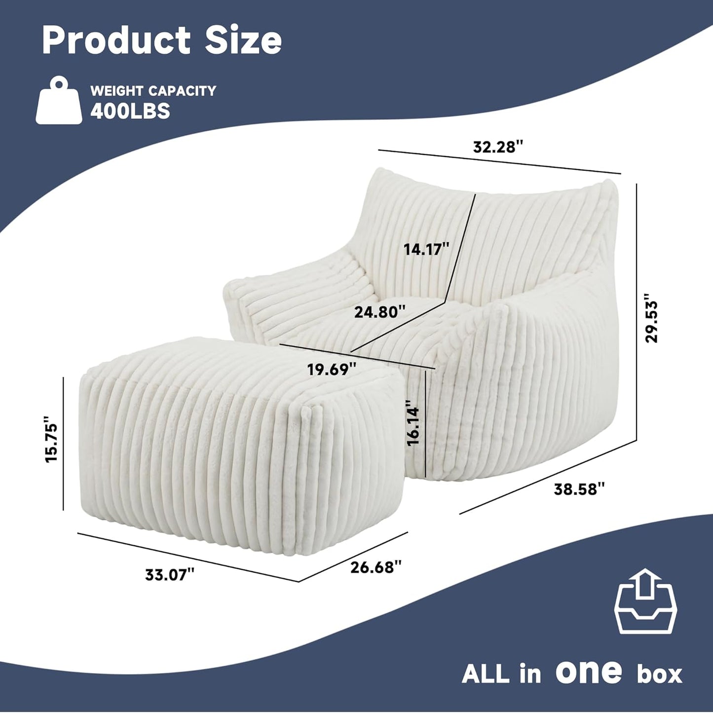 Giant Bean Bag Chairs for Adults, Oversized Chaise Lounge Chair Indoor with Memory Foam - Plush Boneless Lounger & Ottoman for Bedroom, Living Room, Gaming & Reading, Lazy Floor Sofa Chair, Beige