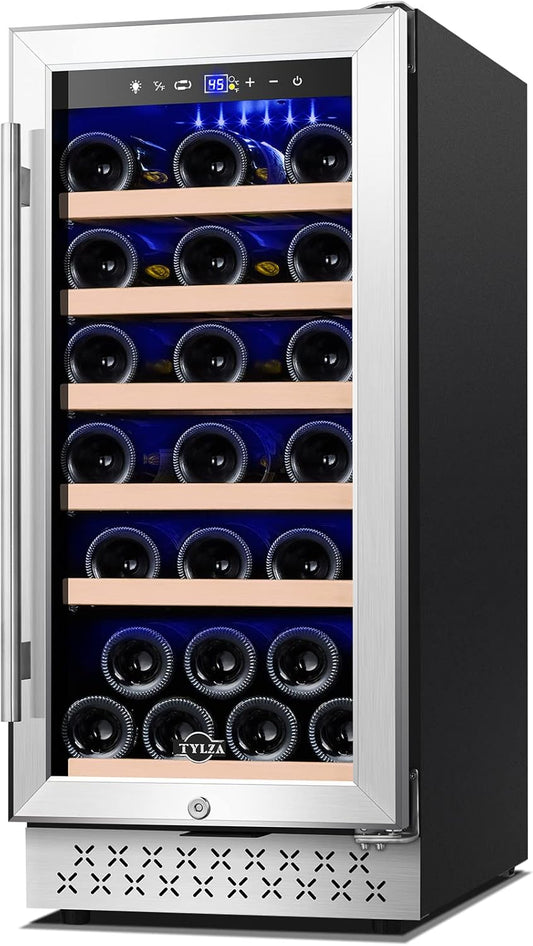 Tylza 15 Inch Wine Cooler Under Counter, 33 Bottle Built-in Wine Fridge with Stainless Steel Tempered Glass Door, Temp Memory Function, Freestanding Fast Cooling Wine refrigerator, Quiet Operation
